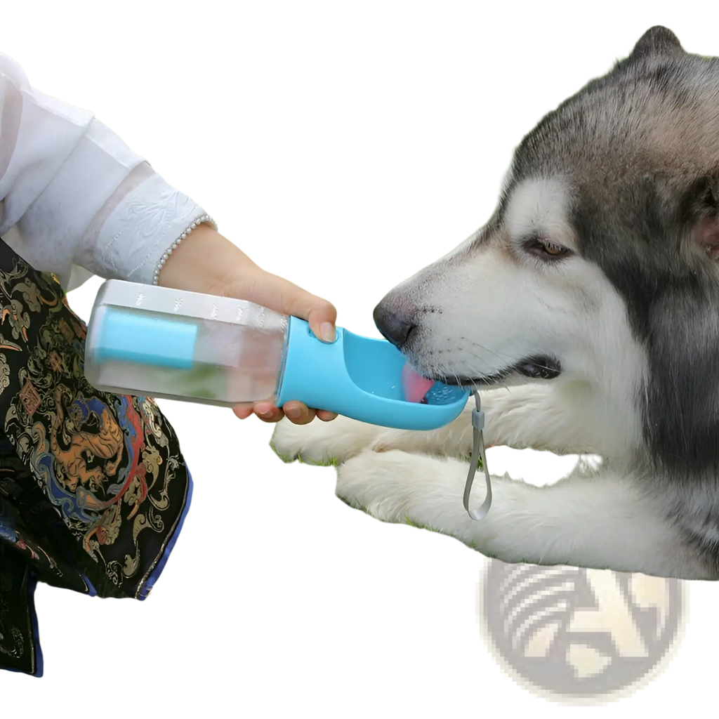 Dog water bottle 3 in 1 portable feeder with blue plastic clear reservoir and spout for easy drinking and poop bag use