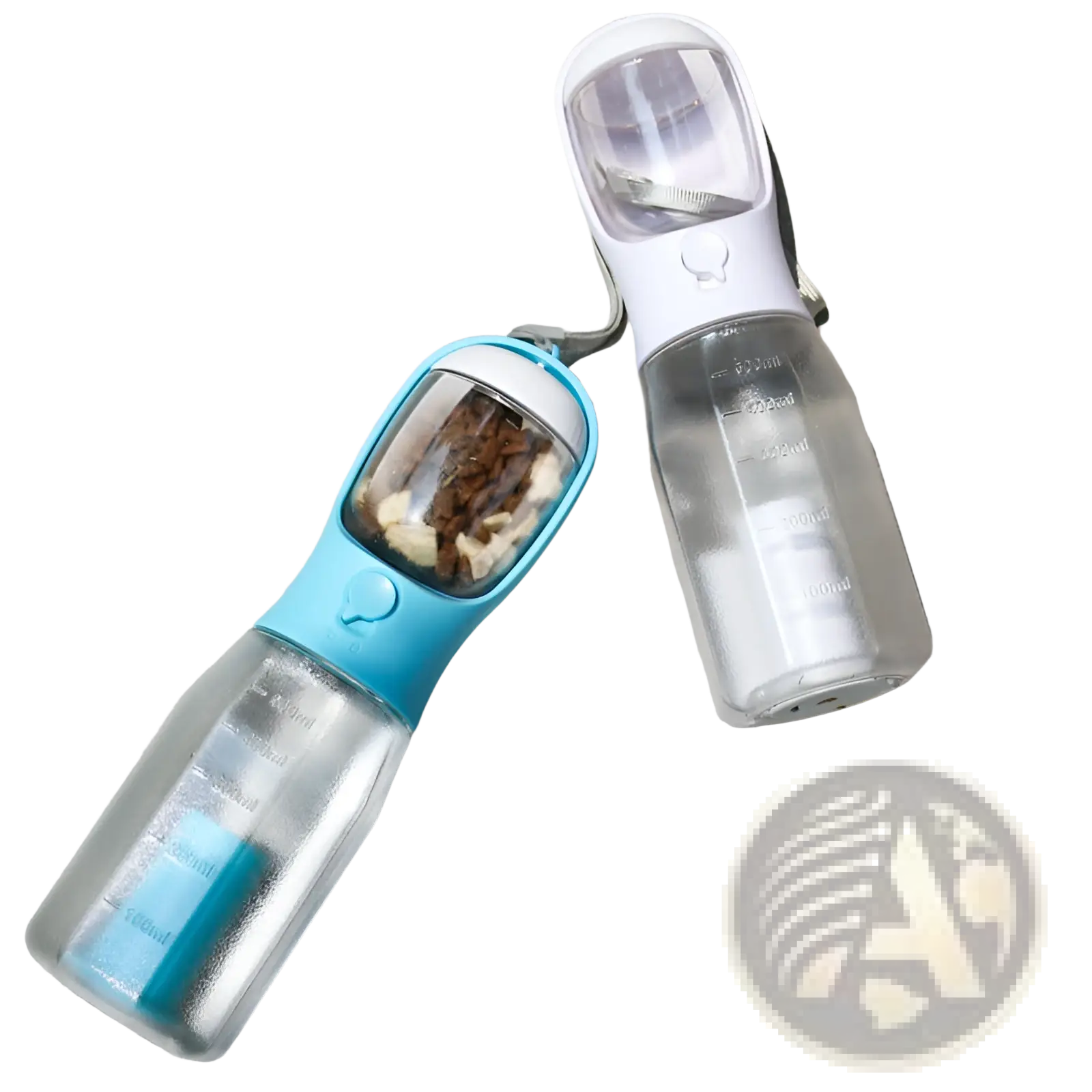 Dog water bottle 3 in 1 portable feeder in blue and white with transparent body and detachable spout for easy drinking