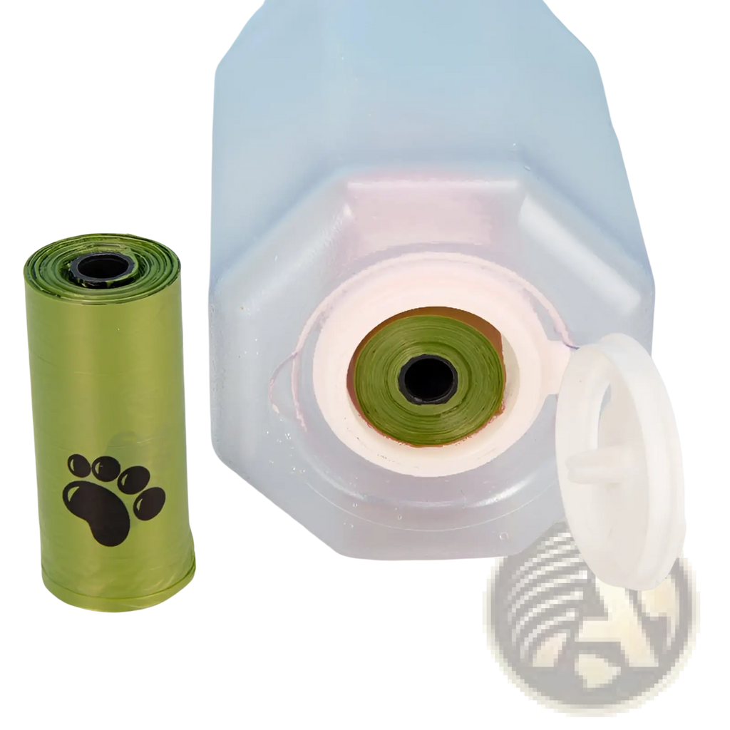 Green roll of biodegradable pet waste bags with black paw print design for dog water bottle 3 in 1 portable feeder