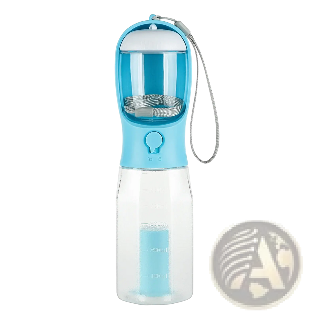 Light blue transparent dog water bottle with built-in filter carrying strap and measurement markings for portability