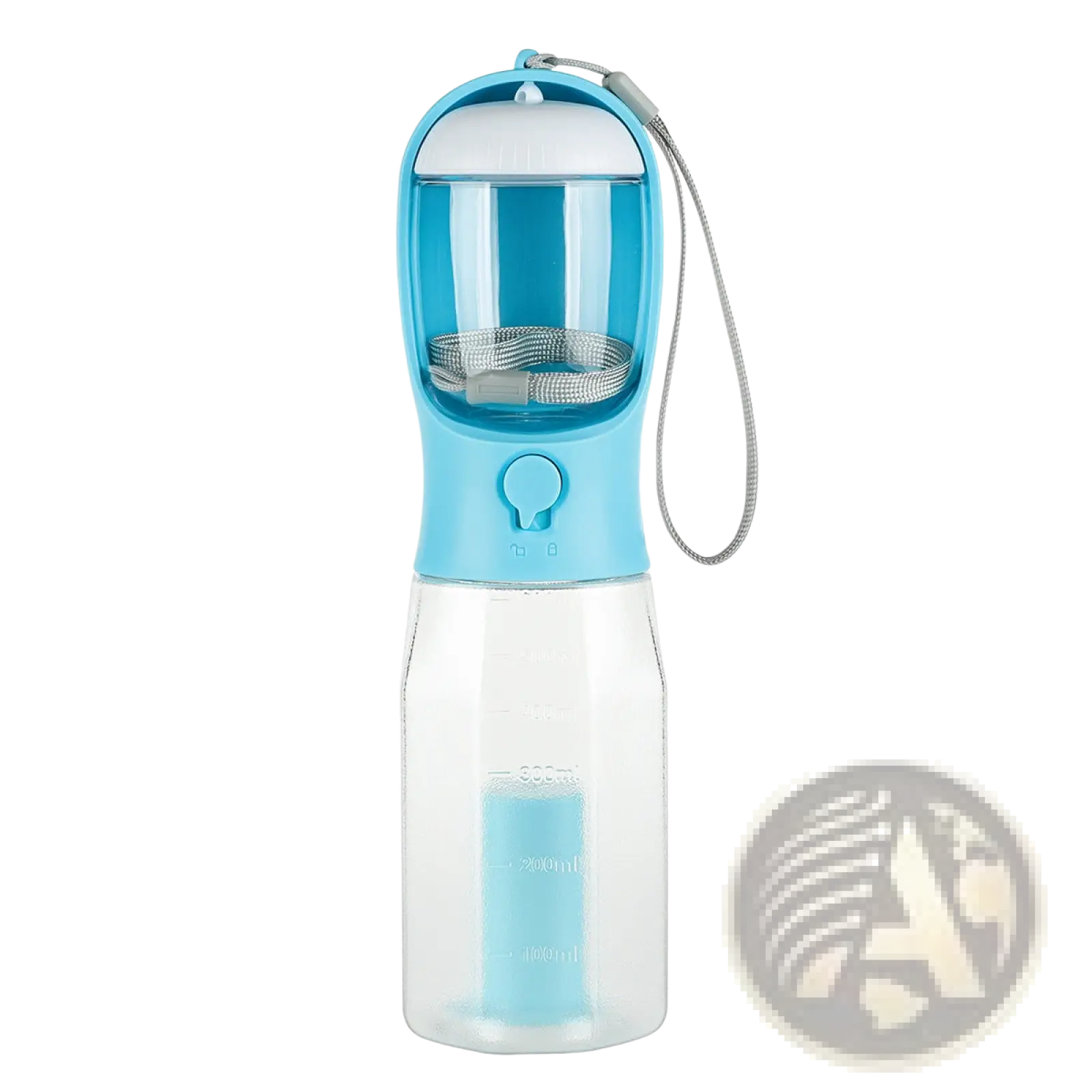 Light blue transparent dog water bottle with built-in filter carrying strap and measurement markings for portability