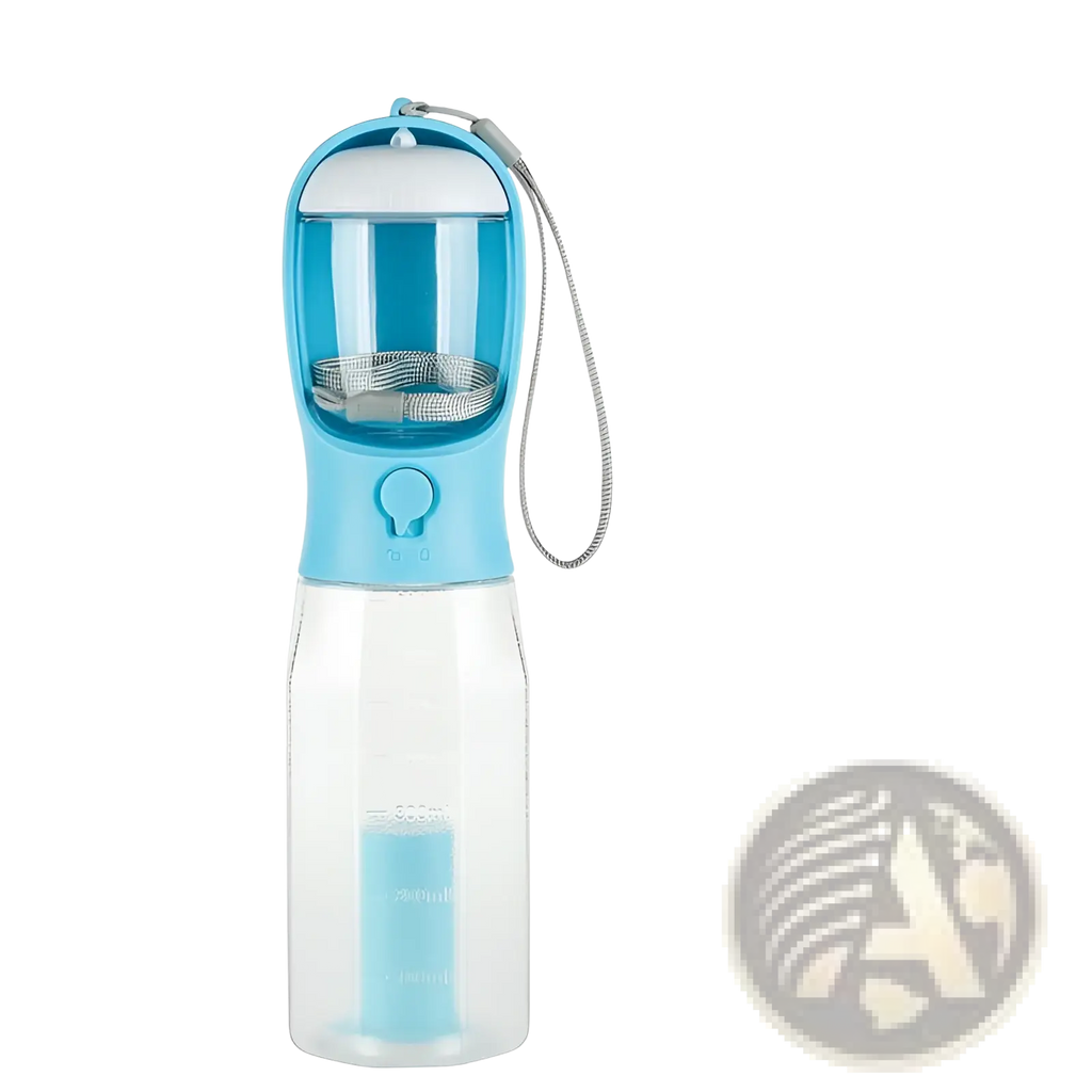 Light blue transparent dog water bottle with built-in food cup and poop bag holder 600ml portable feeder
