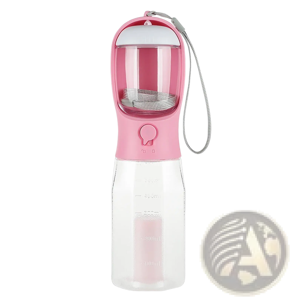 Dog water bottle 3 in 1 portable feeder pink transparent with silver mesh filter white lid and gray strap for outdoor use