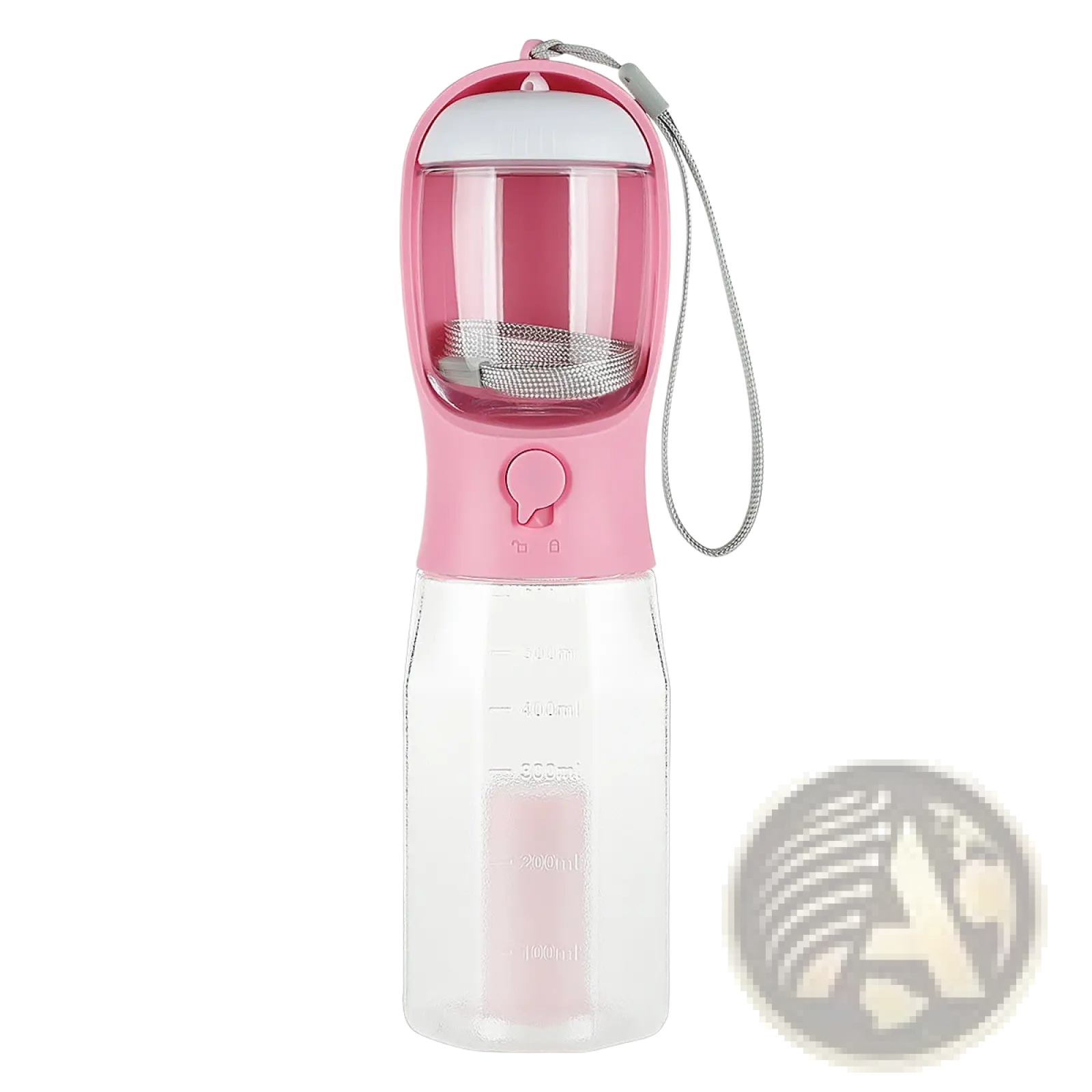 Dog water bottle 3 in 1 portable feeder pink transparent with silver mesh filter white lid and gray strap for outdoor use