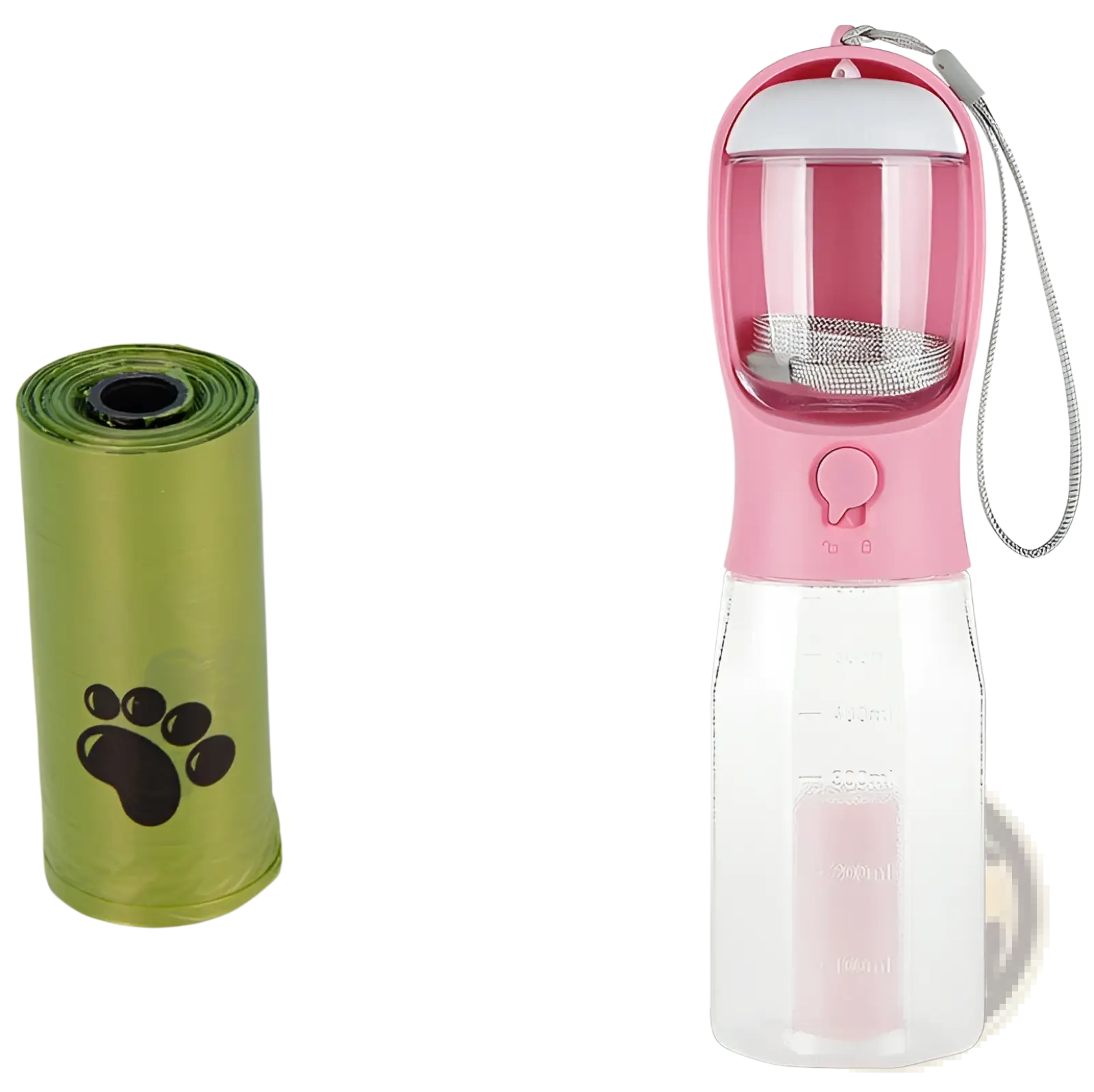 Dog water bottle 3 in 1 portable feeder in pink and clear with white lid, silver mesh filter, and gray wrist strap