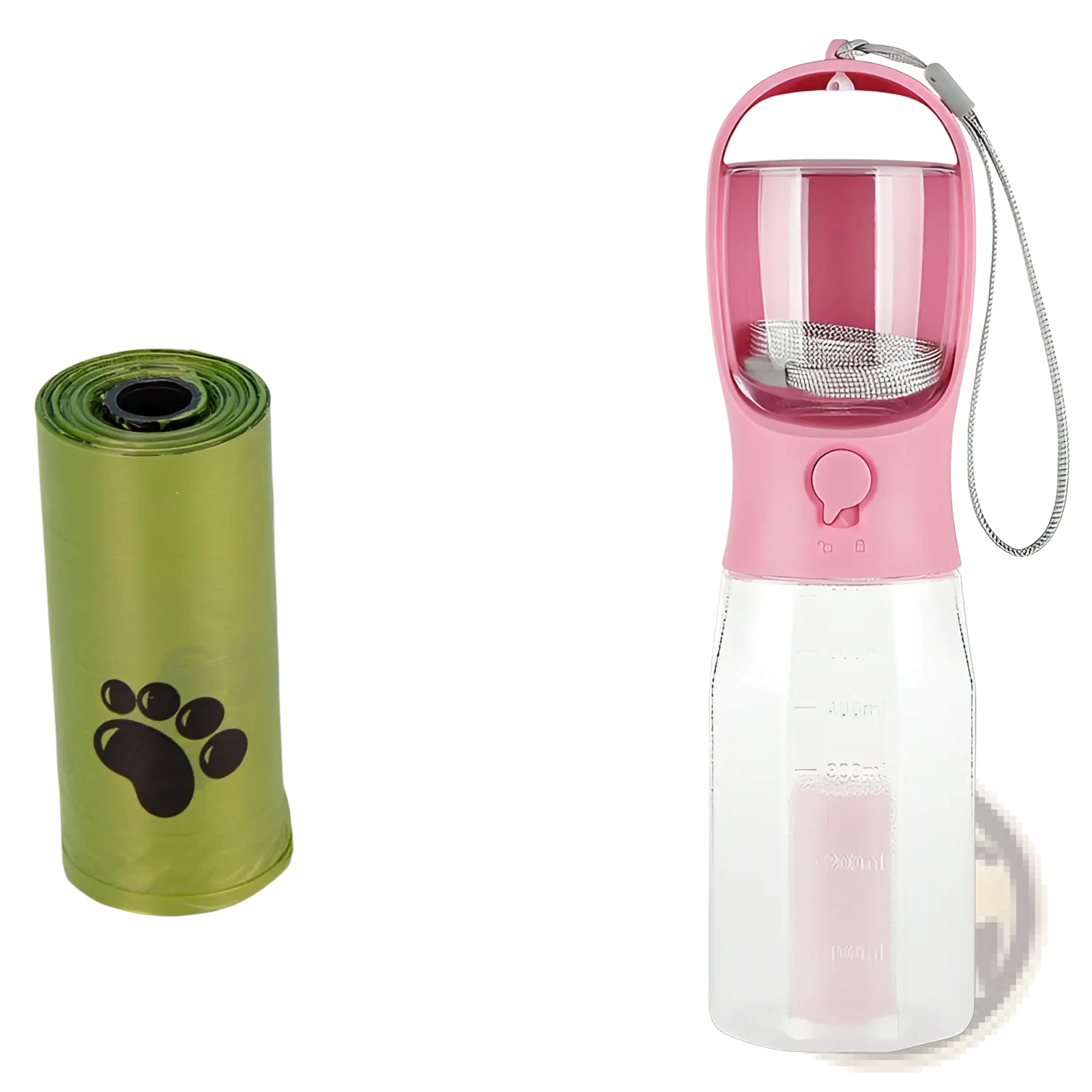 Dog water bottle 3 in 1 portable feeder with pink and clear water bottle, silver mesh filter, pink cap, and gray strap