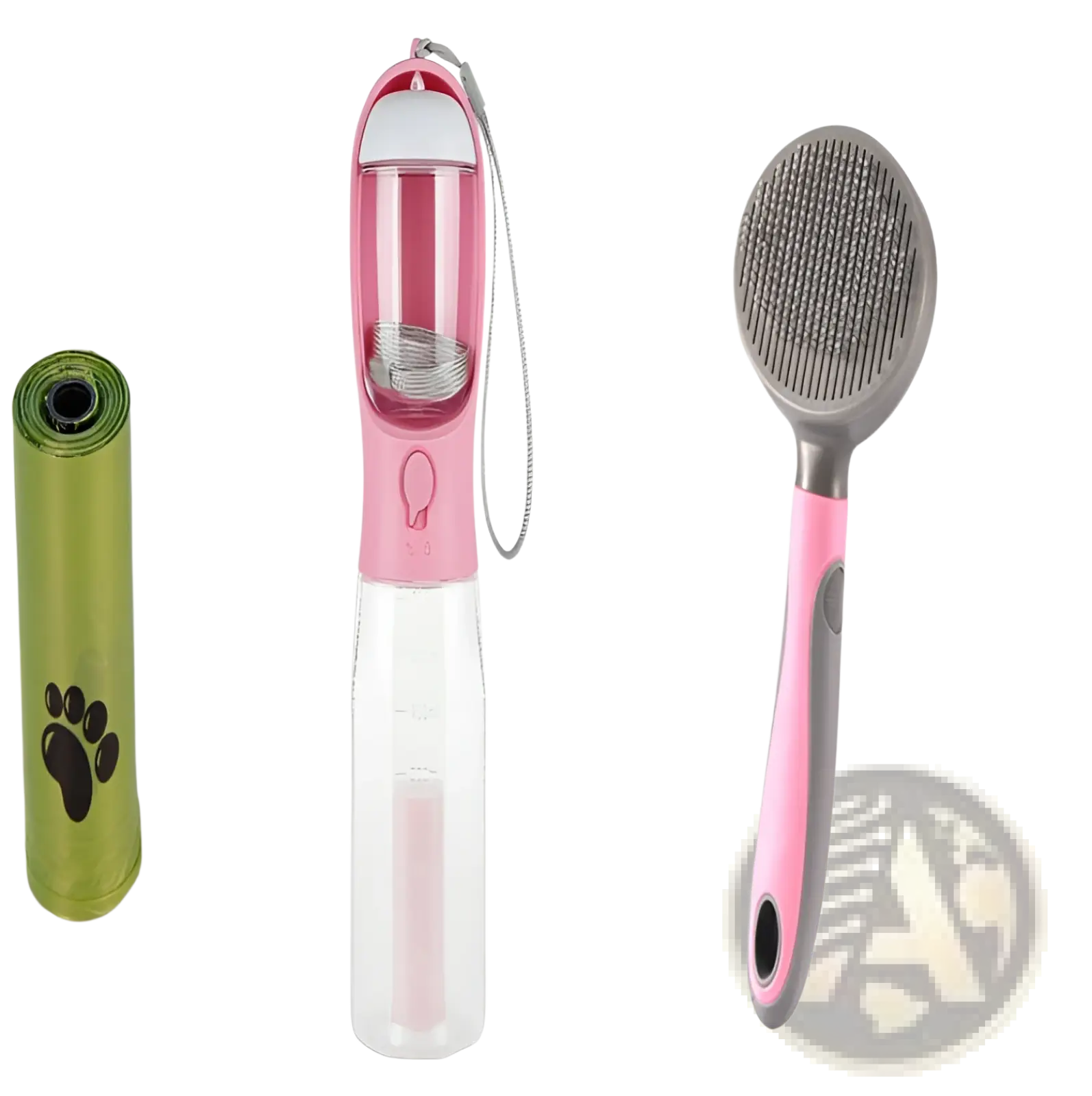 Pink and clear plastic dog water bottle with metal filter and carrying strap for portable feeding and poop bag use