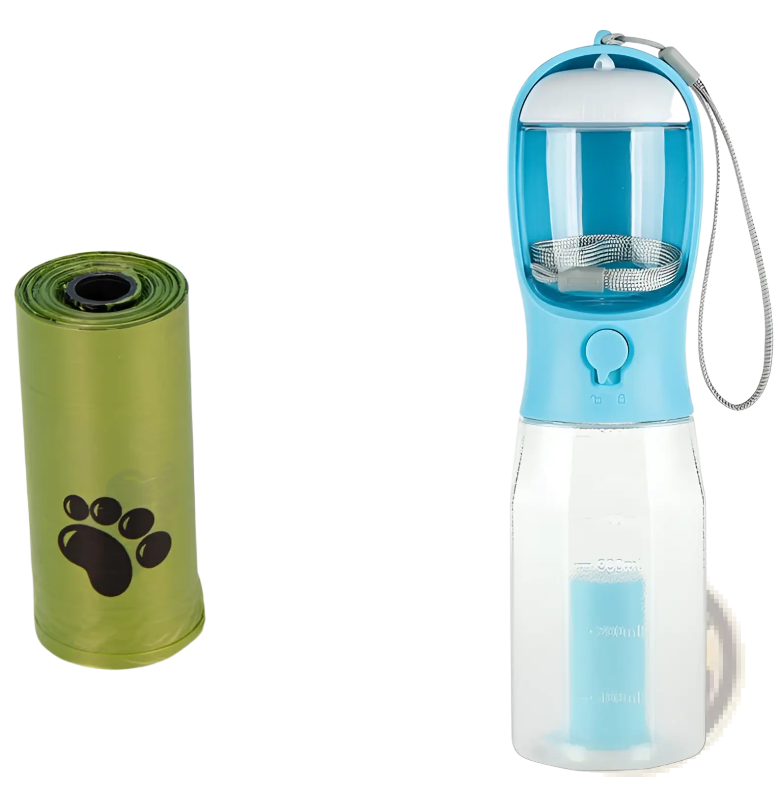 Light blue transparent dog water bottle with built-in pump dispenser, carrying strap, and measurement markings for portability