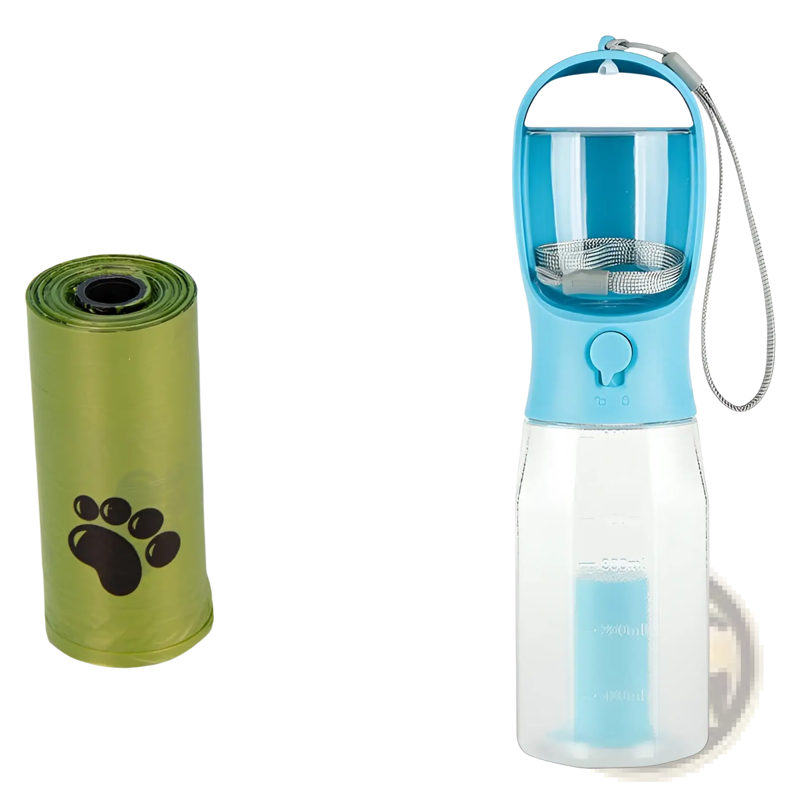 Light blue transparent dog water bottle with built-in collar clip and carrying strap portable 3 in 1 feeder with poop bag