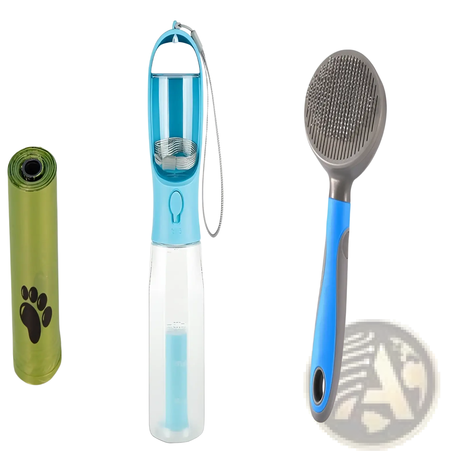Blue and transparent dog water bottle 3 in 1 portable feeder with carrying strap and integrated poop bag dispenser