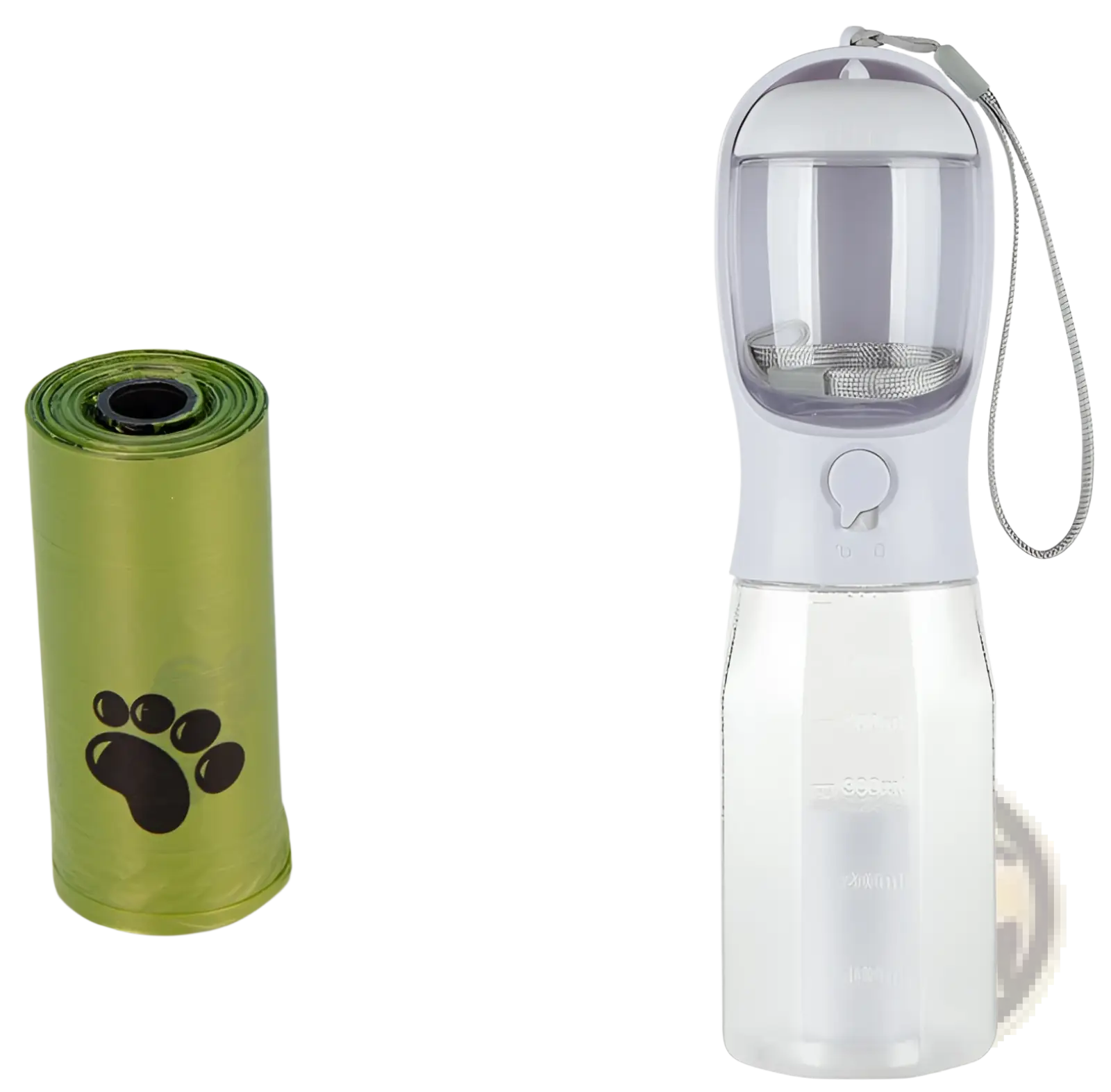 Green roll of pet waste bags with black paw print design included in dog water bottle 3 in 1 portable feeder with poop bag