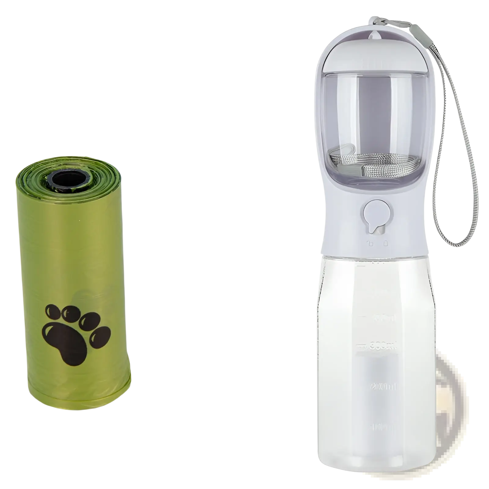 Transparent plastic dog water bottle with gray cap handle and measurement markings for portable 3 in 1 feeder use