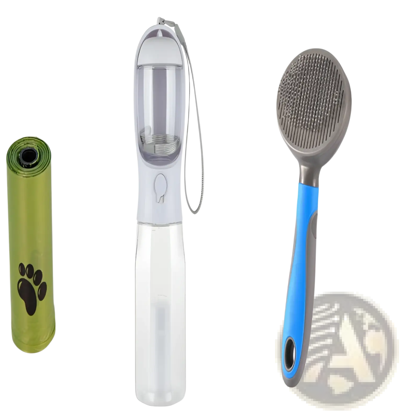 Transparent plastic dog water bottle with white cap and carrying strap for portable feeding and waste disposal