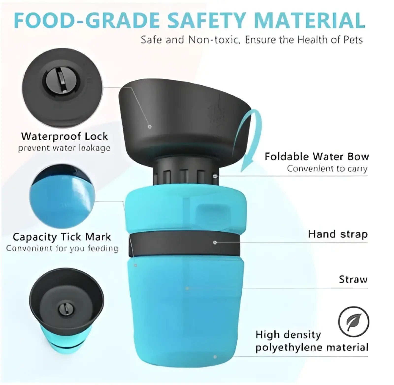Blue foldable dog water bottle with a high-density polyethylene bowl and black waterproof lock for travel use