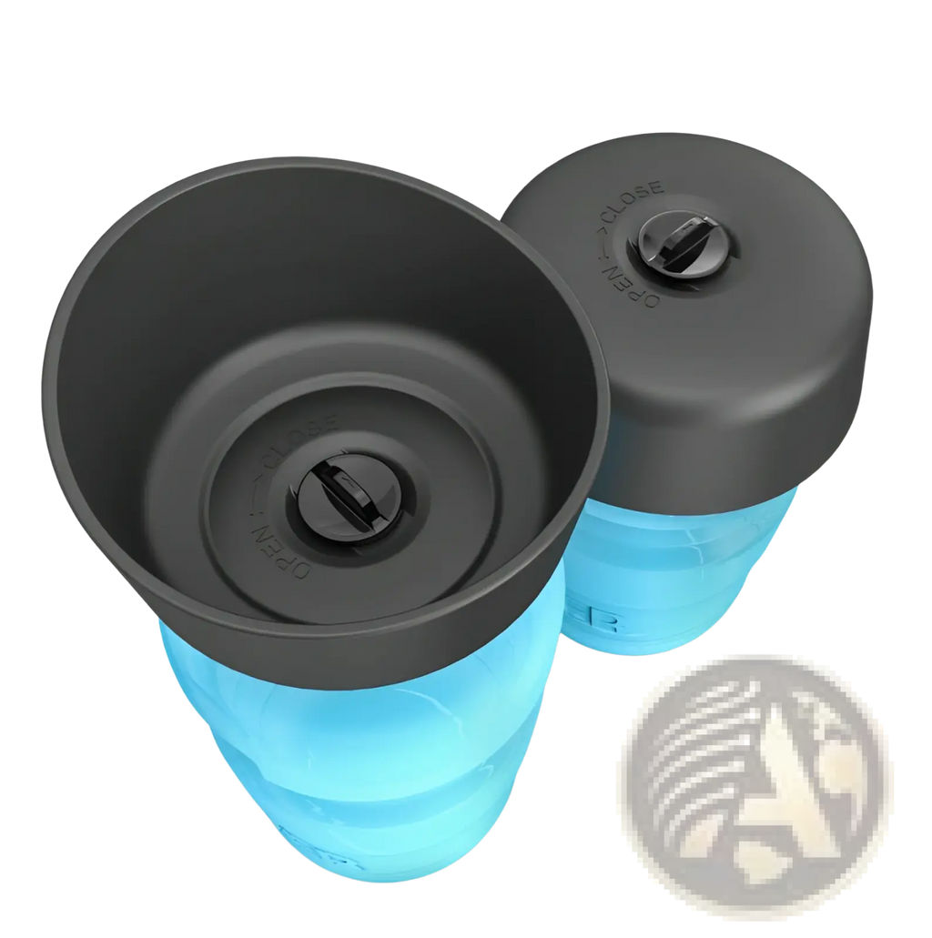 Blue collapsible silicone travel mug with black screw-on lids marked open and close for dog water bottle dispenser bowl