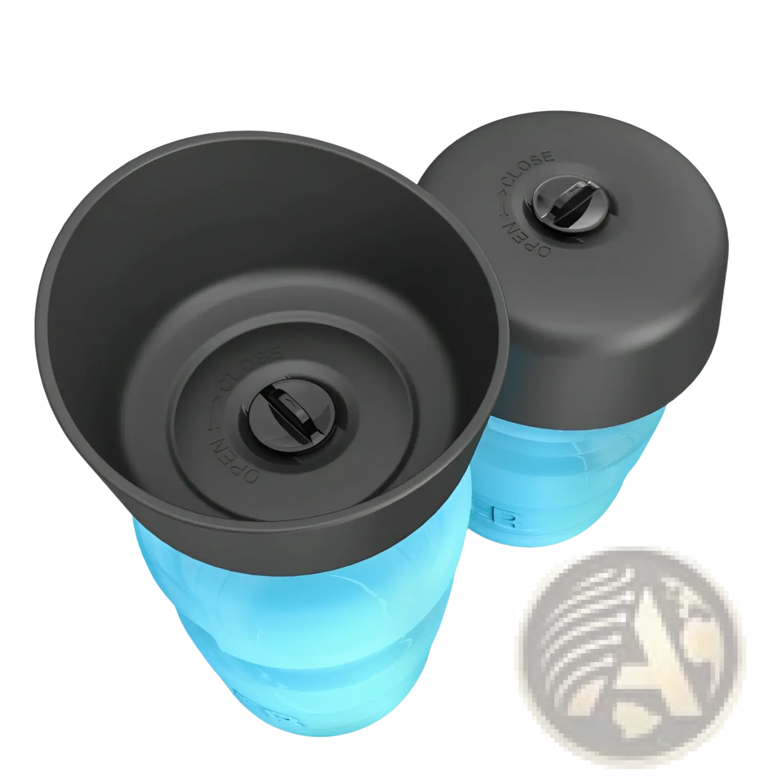 Blue collapsible silicone travel mug with black screw-on lids marked open and close for dog water bottle dispenser bowl