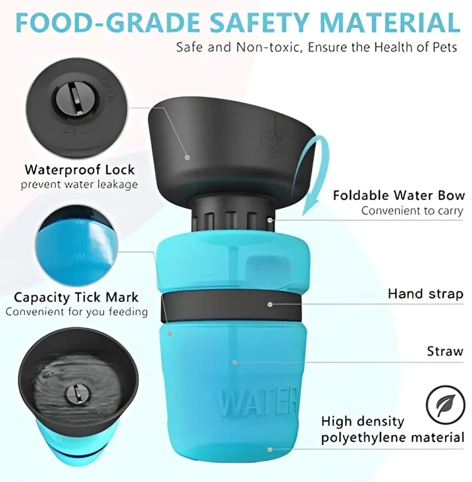 Blue and black foldable dog water bottle with straw waterproof lock and hand strap for travel use