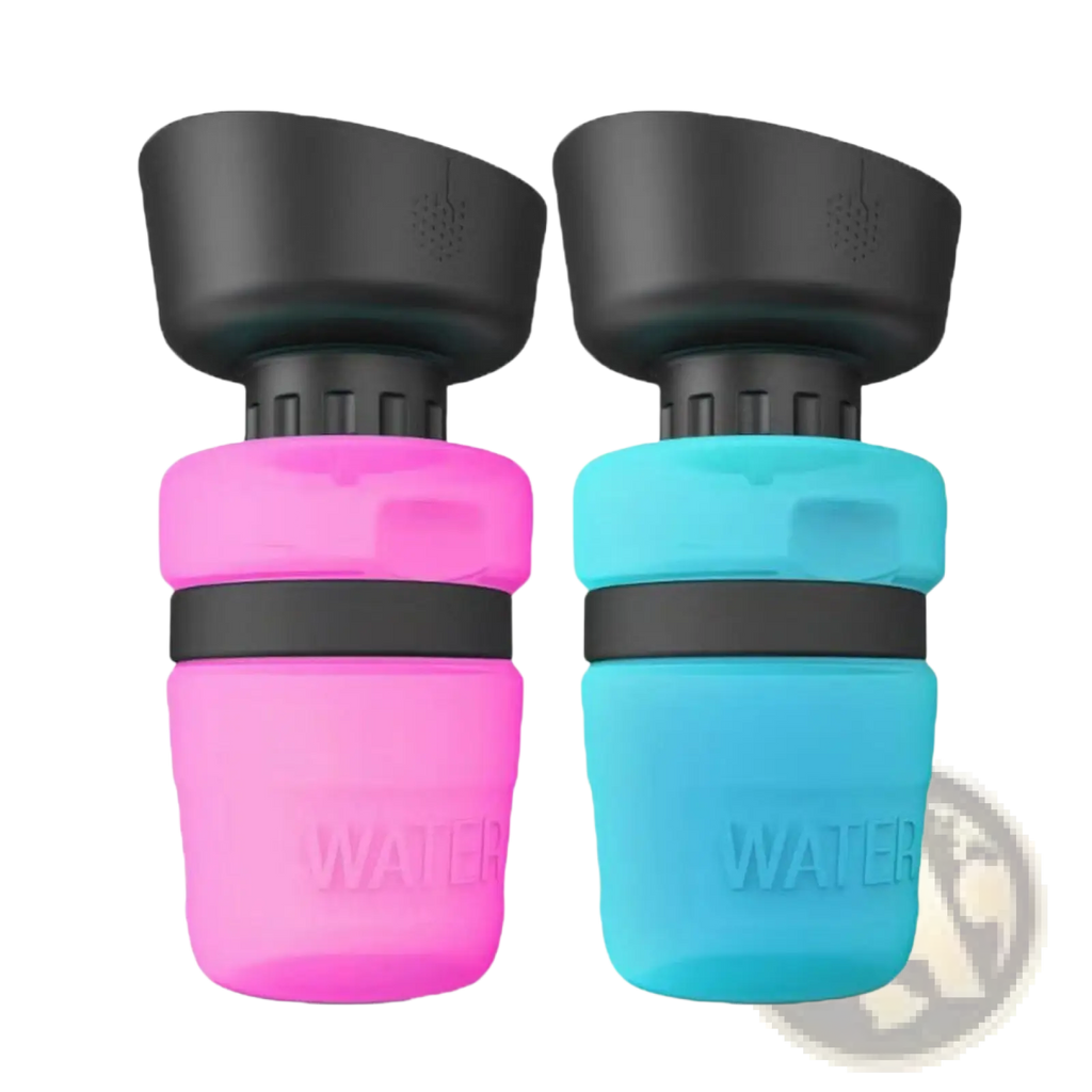 Dog water bottle foldable travel dispenser bowl in pink and teal silicone with black plastic tops for easy use