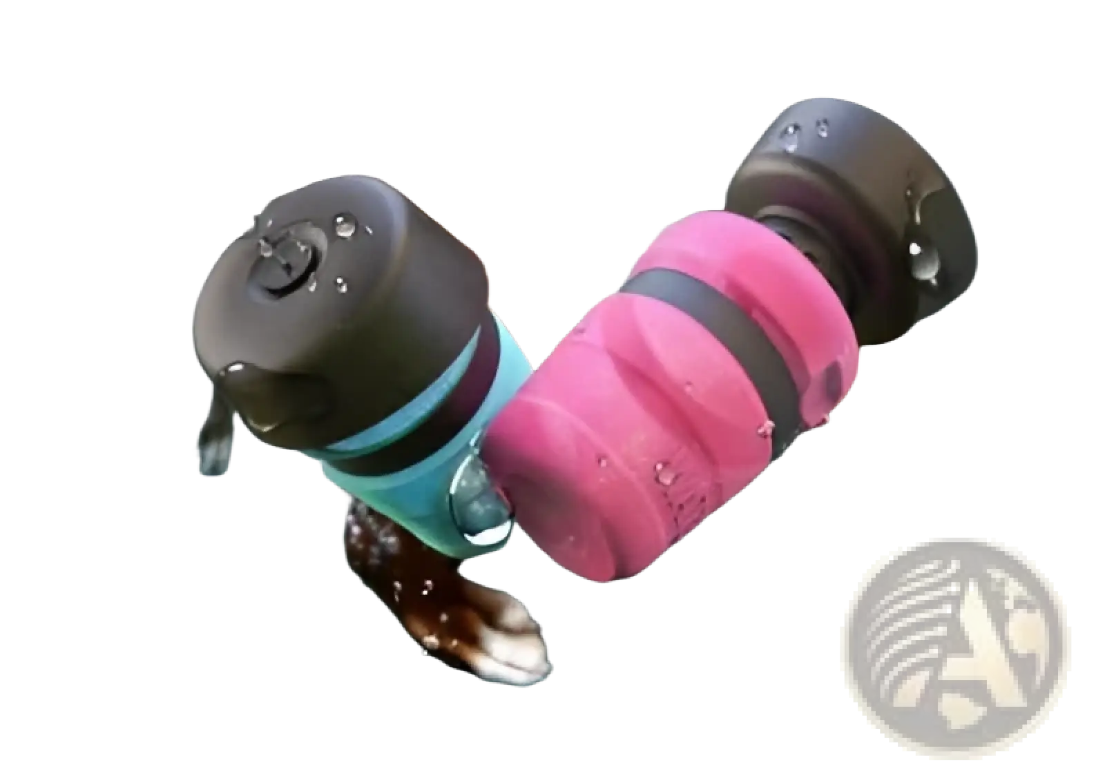Dog water bottle foldable travel dispenser bowl in pink and teal with black caps designed for portability