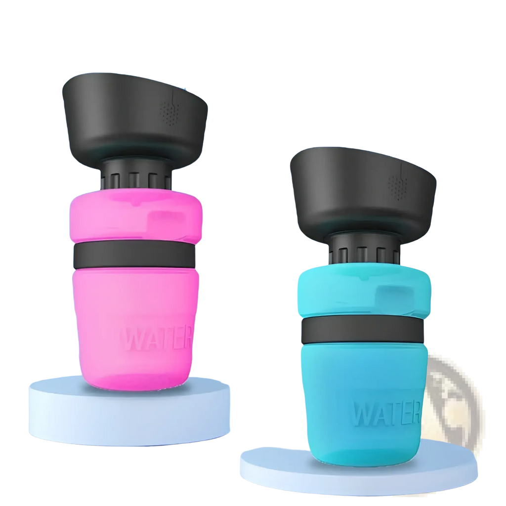 Pink and teal silicone dog water bottle foldable travel dispenser bowls with black plastic tops for pet hydration