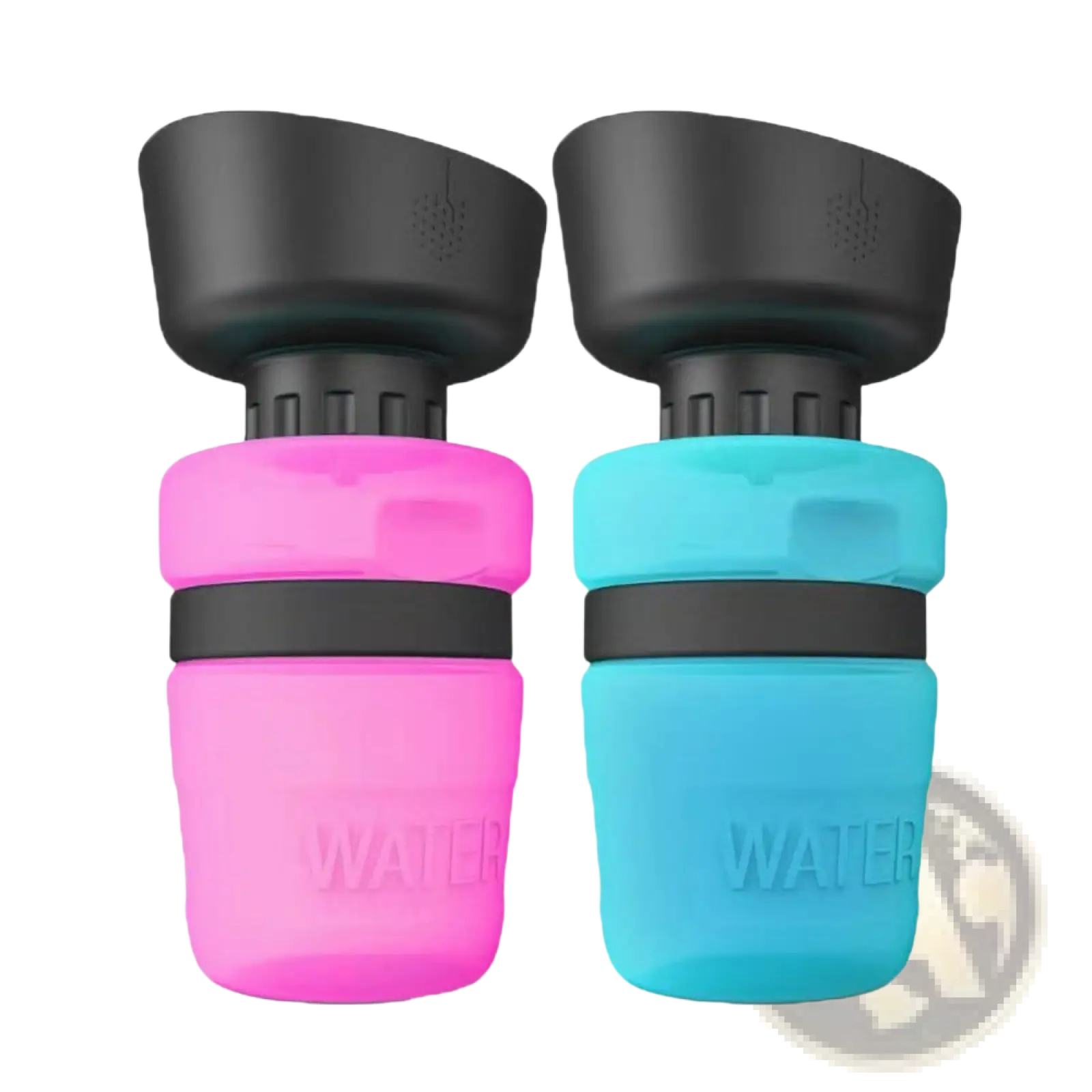 Pink and teal silicone dog water bottles with black plastic tops foldable travel dispenser bowls for dogs