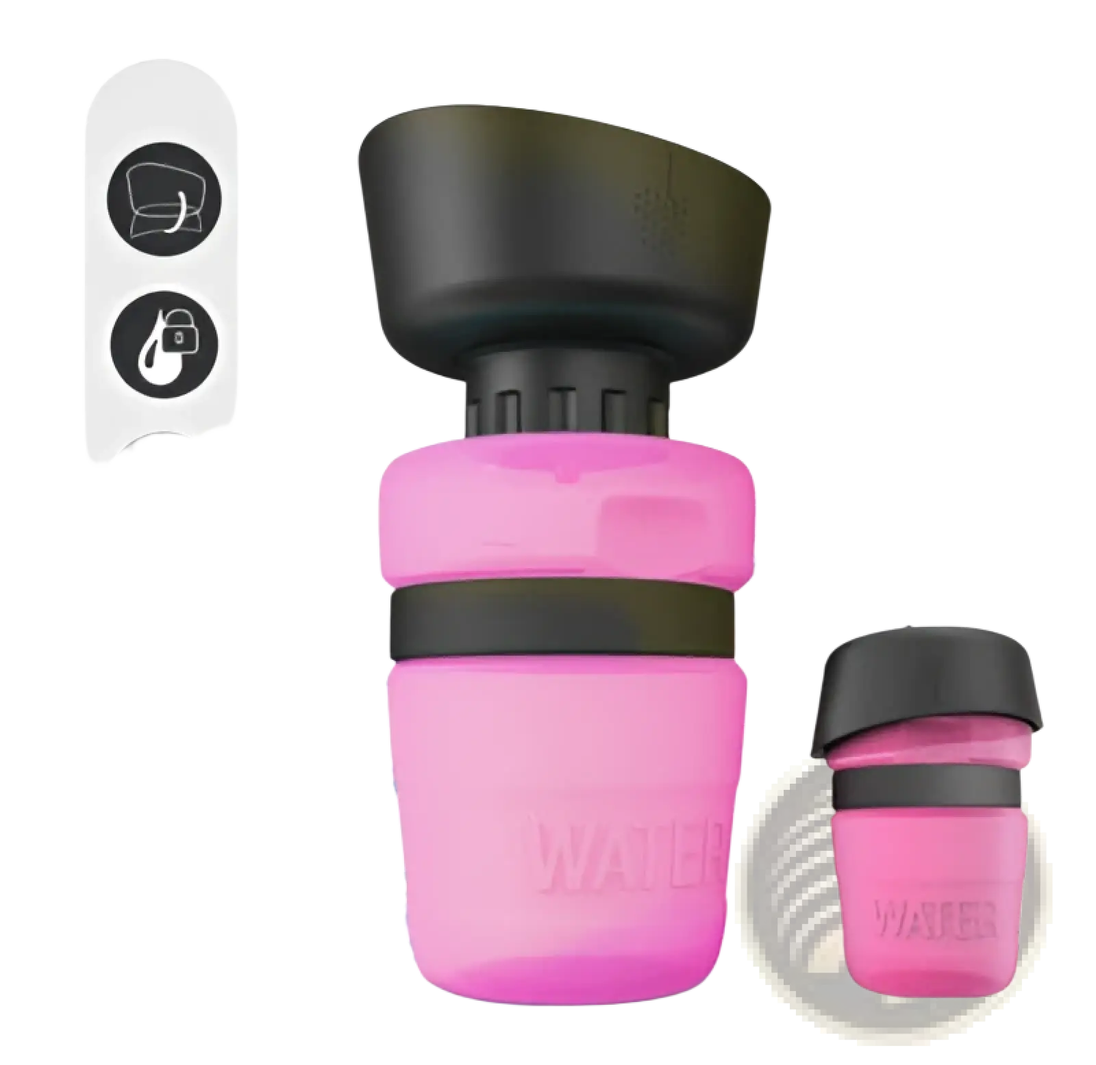 Pink collapsible dog water bottle with black accents and built-in drinking spout for travel and outdoor use