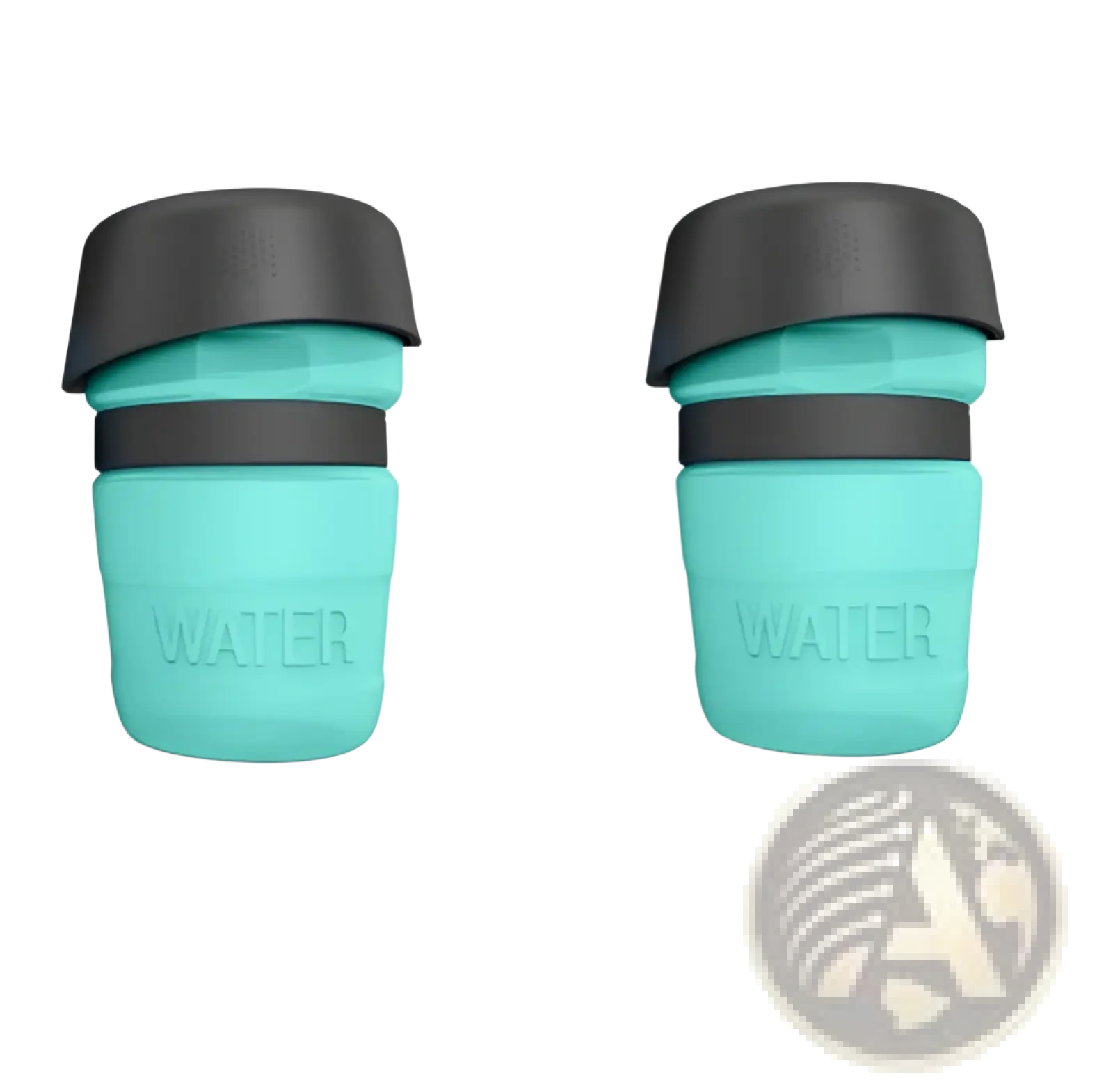 Turquoise silicone collapsible dog water bottle with black lid and band for travel dispenser bowl use