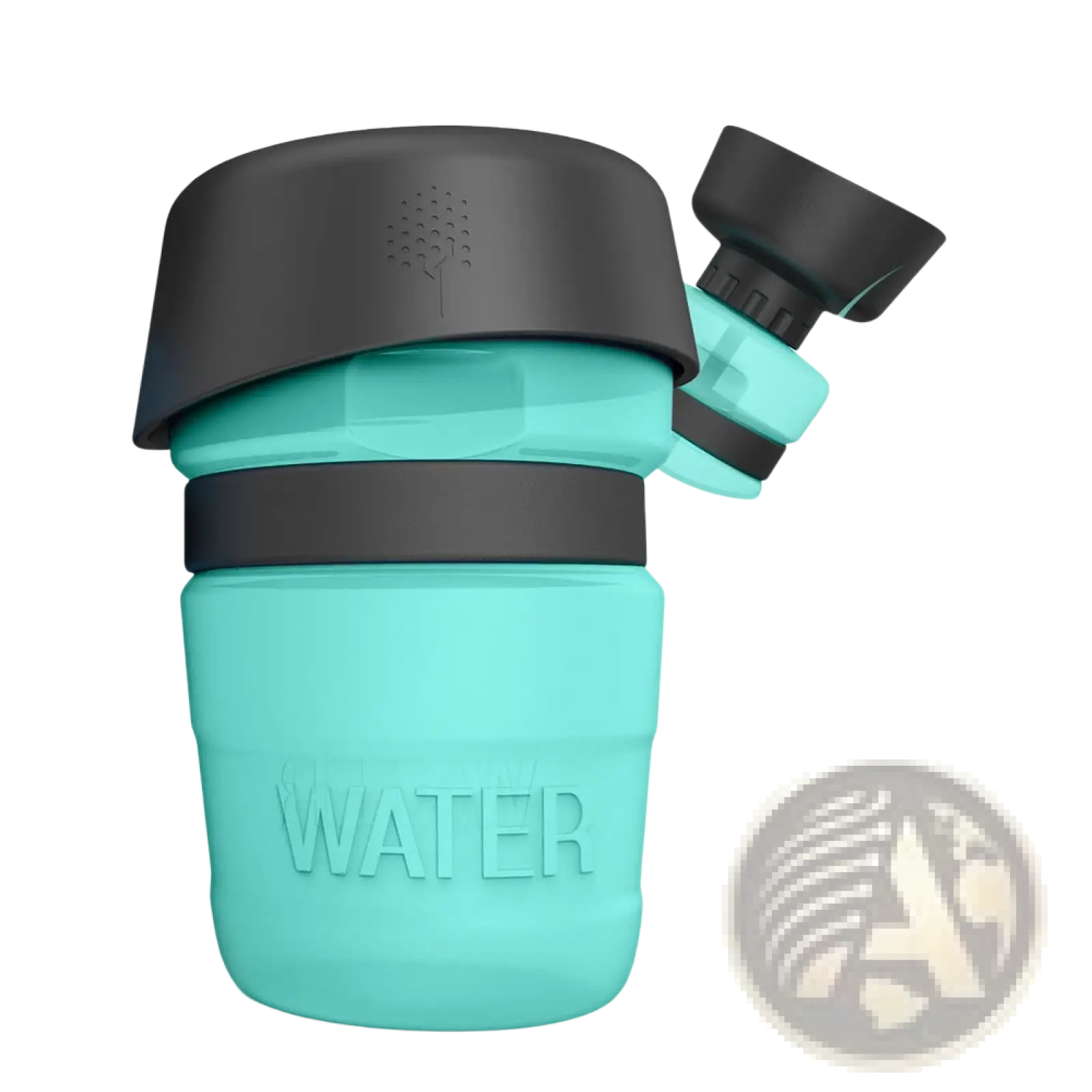 Teal collapsible silicone dog water bottle with black lid base and built-in straw for foldable travel dispensing