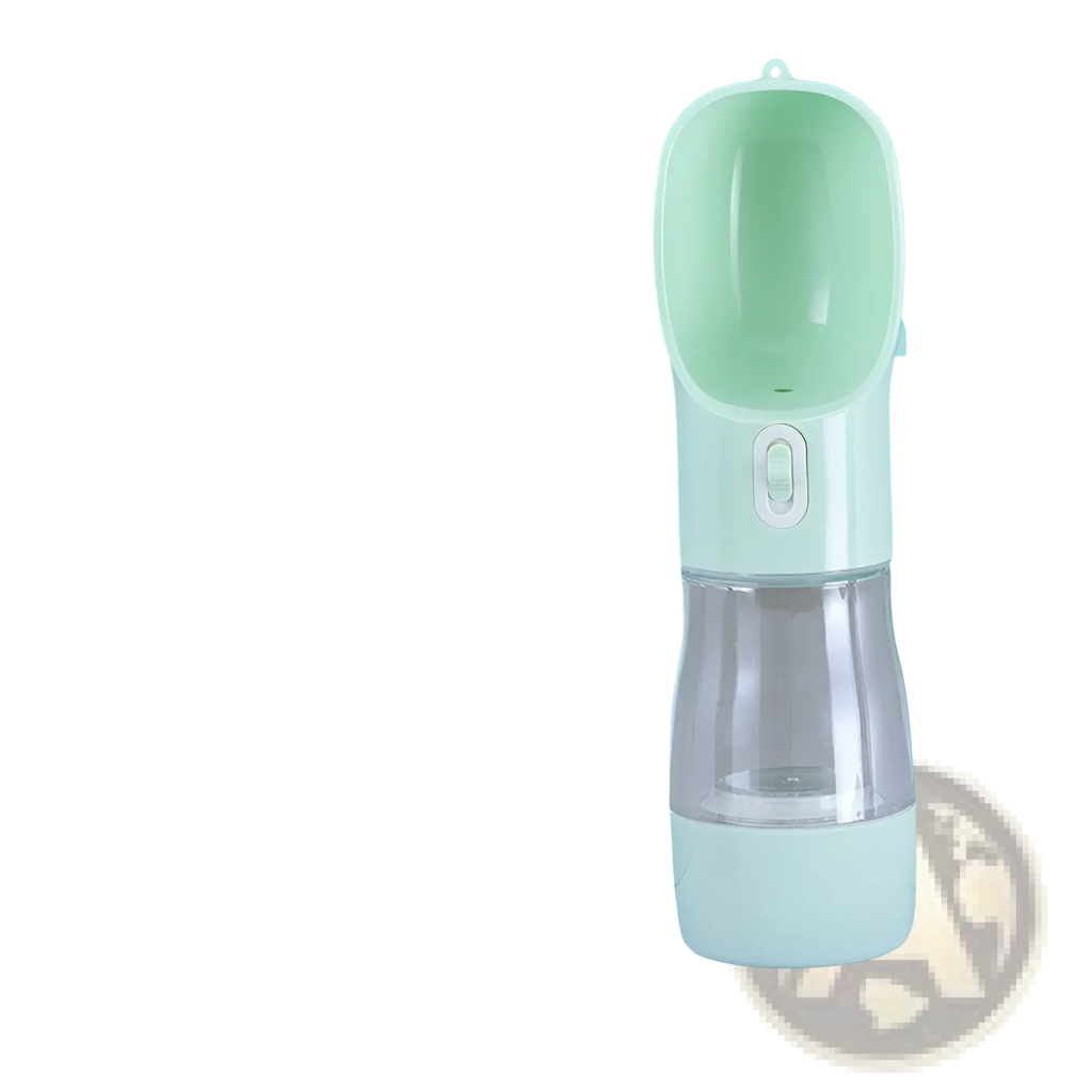 Dog water bottle portable travel feeder bowl 458ml with mint green top white base and clear plastic reservoir