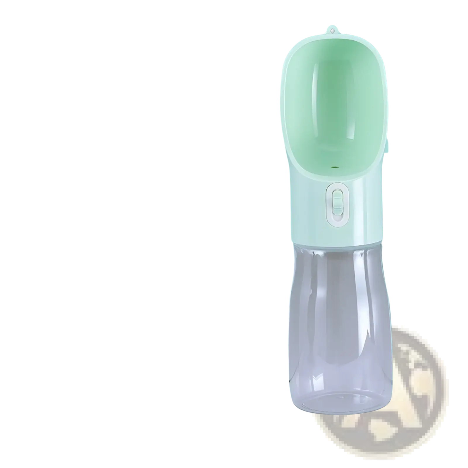 A sleek two-toned dog water bottle portable travel feeder bowl with light green top and transparent base 458ml capacity