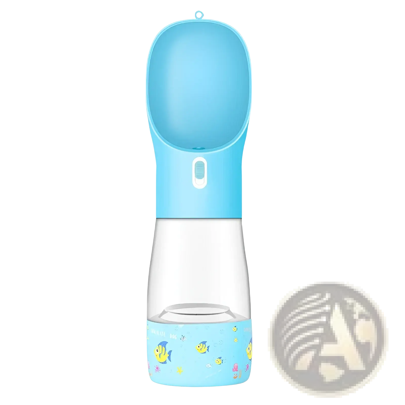 Dog water bottle portable travel feeder bowl 458ml made of light blue silicone and transparent plastic with fish pattern base