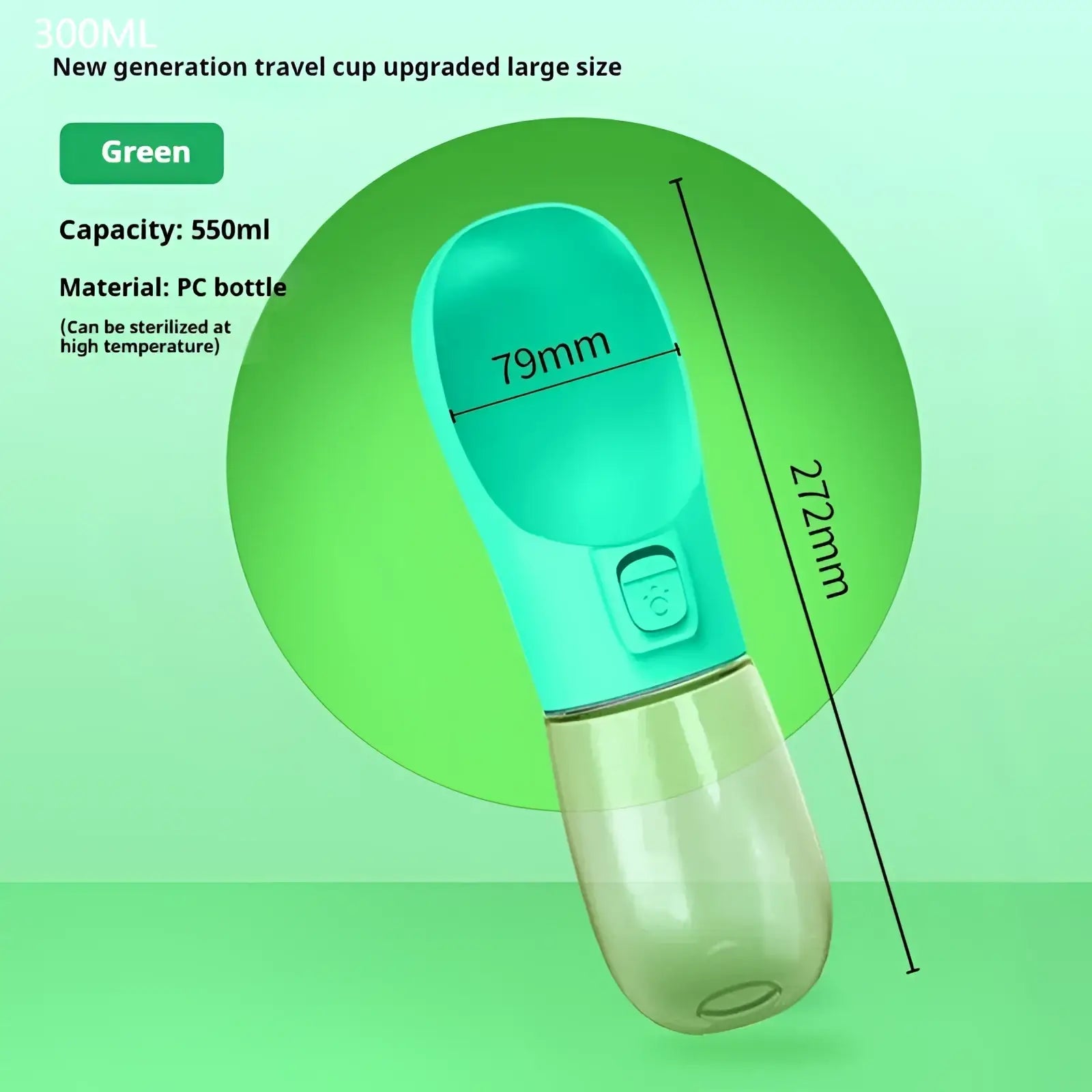 A translucent green and clear plastic dog water bottle portable travel feeder bowl with a spout for outdoor use