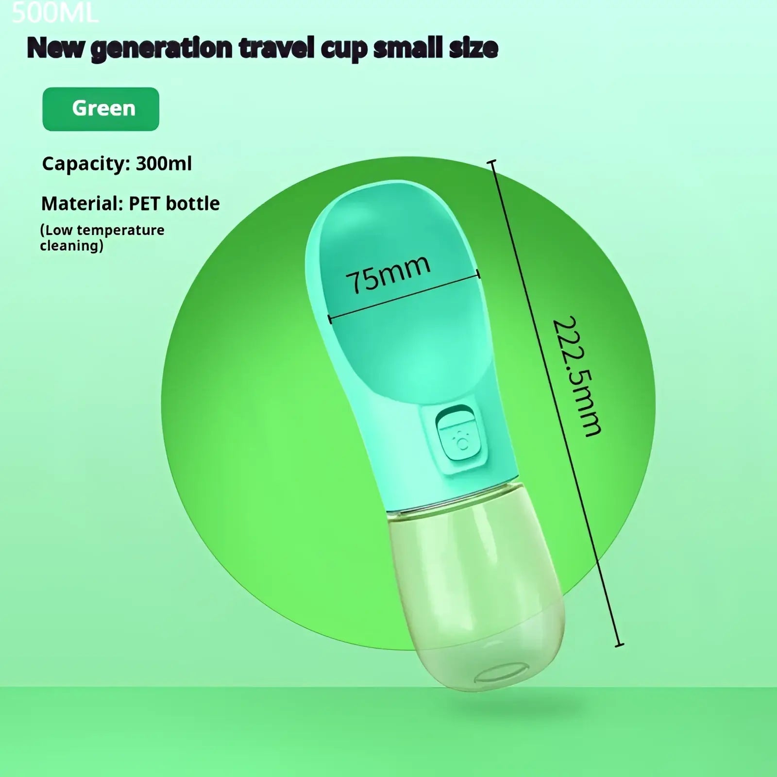 Light green dog water bottle portable travel feeder bowl 458ml made from pet bottle material with spout and button