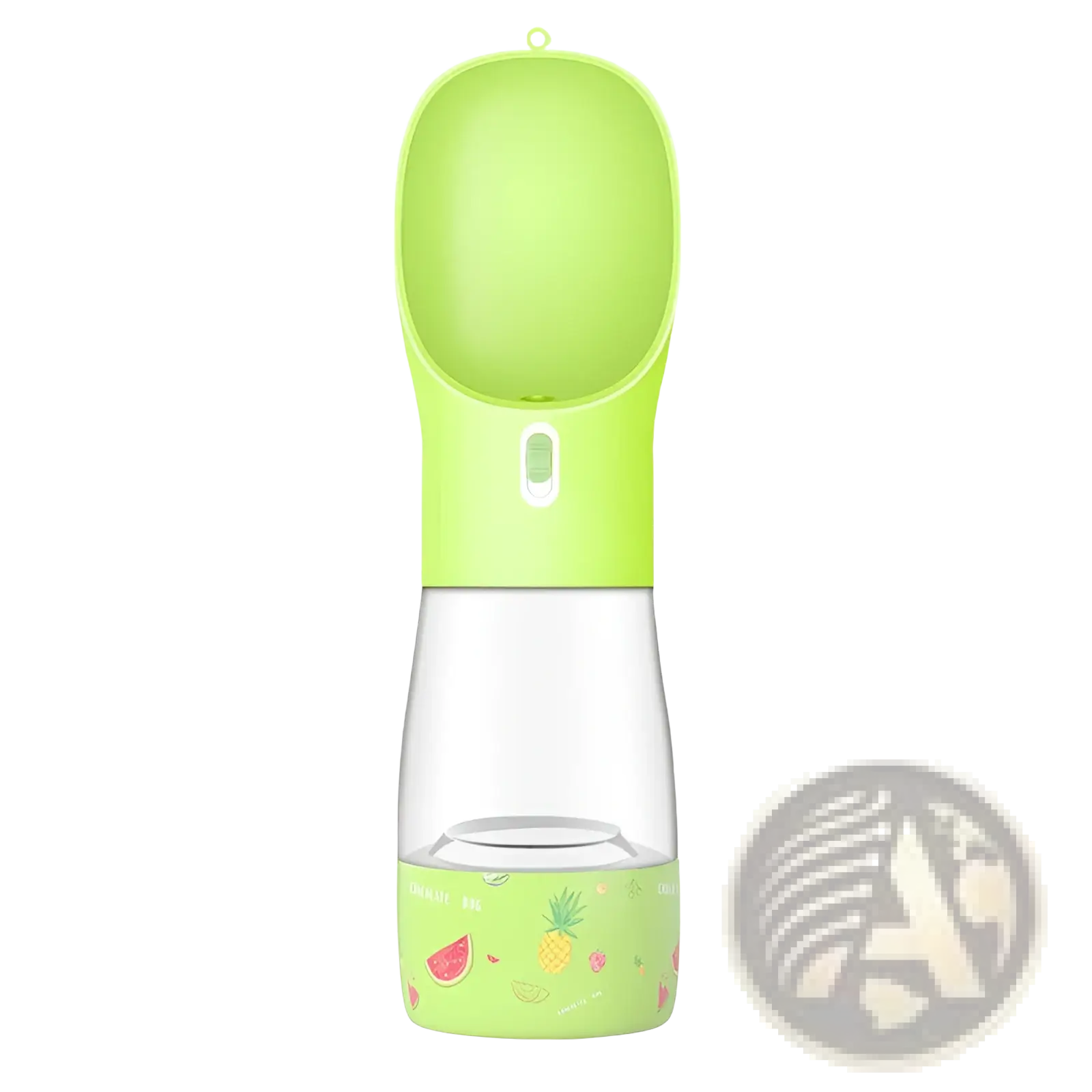 Dog water bottle portable travel feeder bowl 458ml lime green with clear plastic body and fruit-themed decals