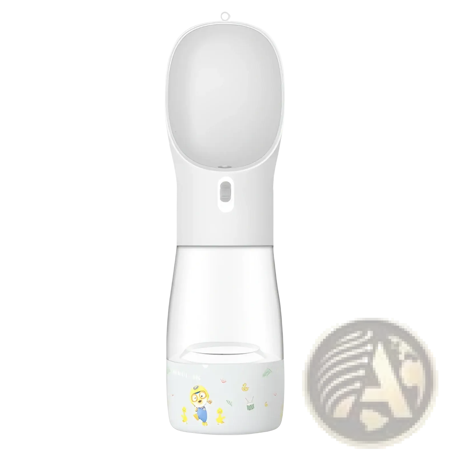 White and transparent pet water bottle with cartoon character design base for portable dog travel feeder bowl 458ml