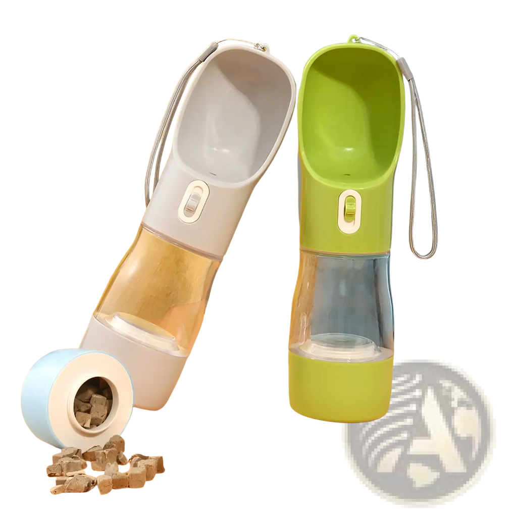 Gray and green portable dog water bottles with transparent bodies, detachable spouts, and wrist straps 458ml capacity