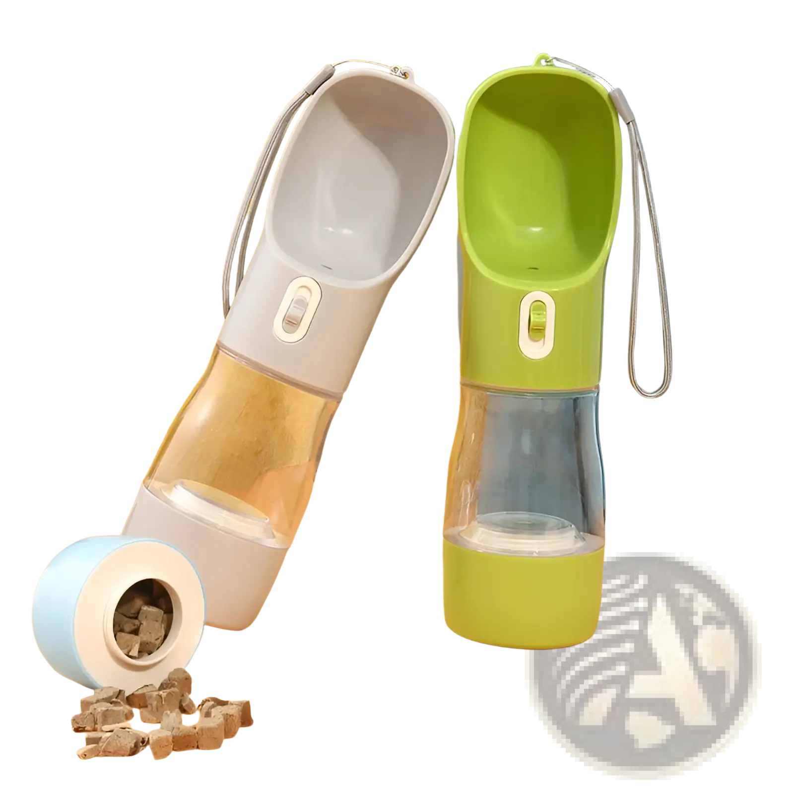 Gray and green portable dog water bottles with transparent bodies, detachable spouts, and wrist straps 458ml capacity