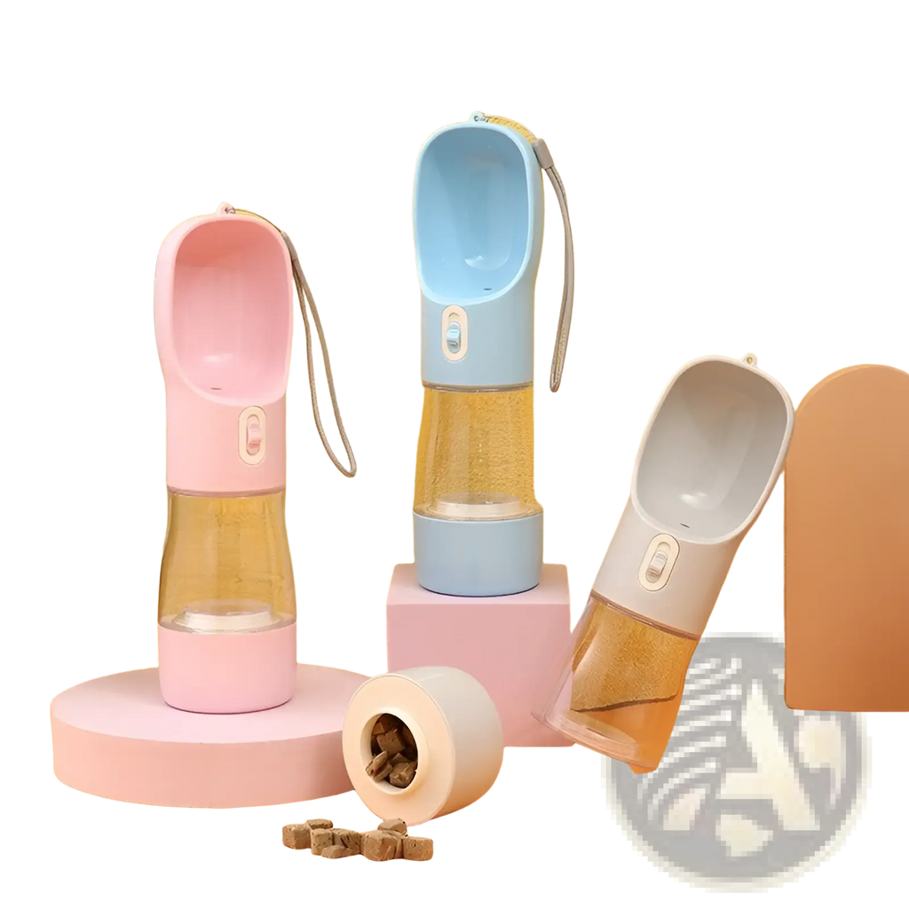 Dog water bottle portable travel feeder bowl 458ml set in pink light blue and gray with clear plastic bodies and matching caps