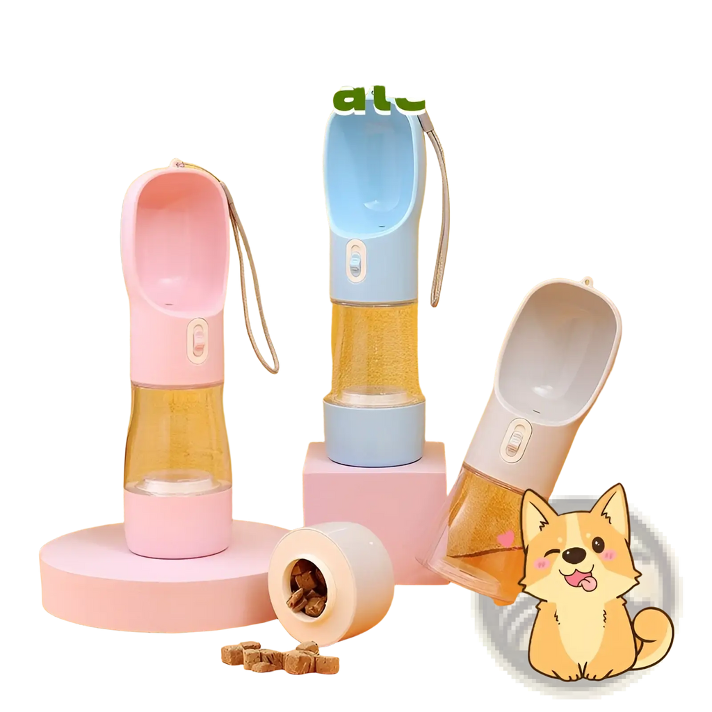 Dog water bottle portable travel feeder bowl 458ml with pink light blue and white silicone spouts and clear glass bodies