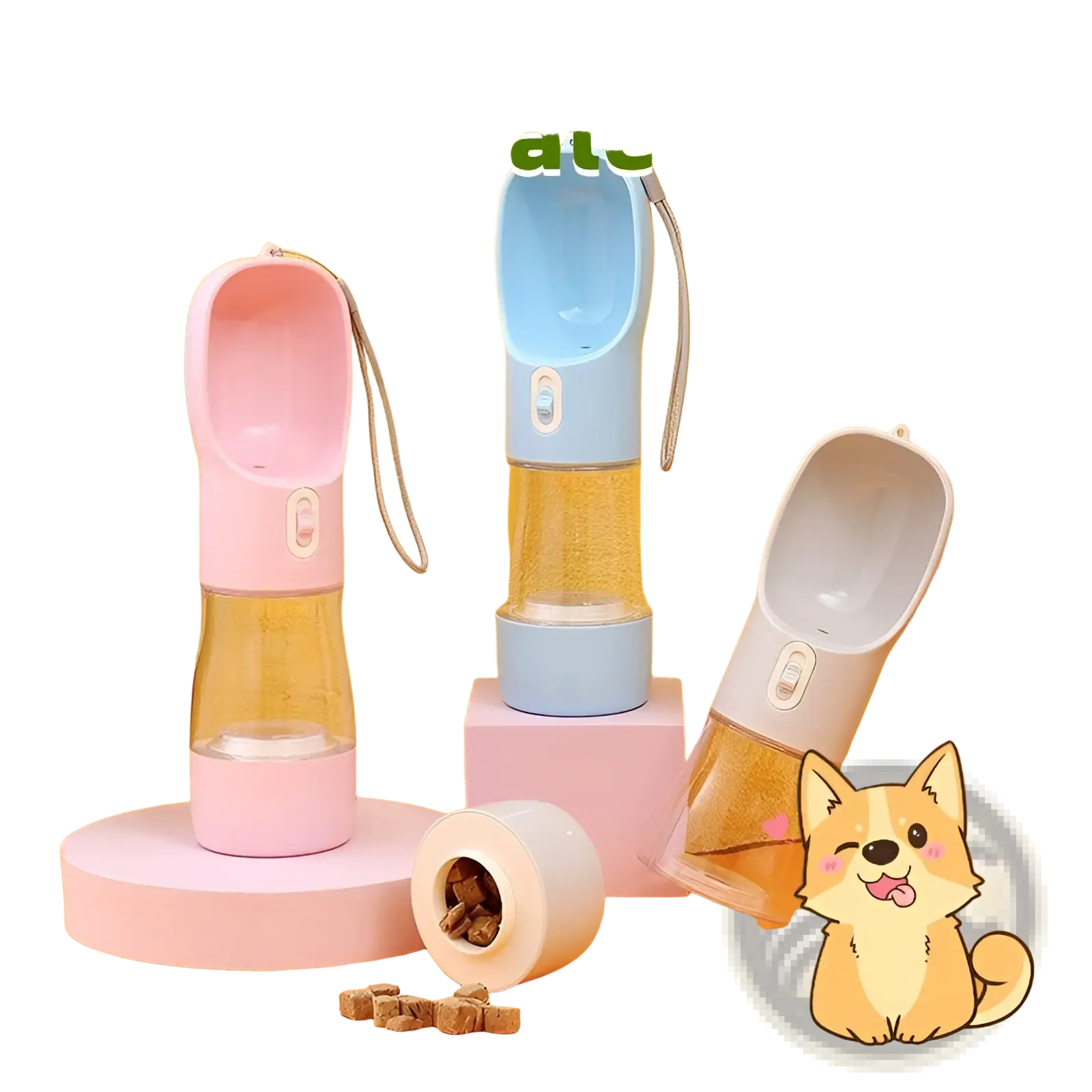 Dog water bottle portable travel feeder bowl 458ml with pink light blue and white silicone spouts and clear glass bodies