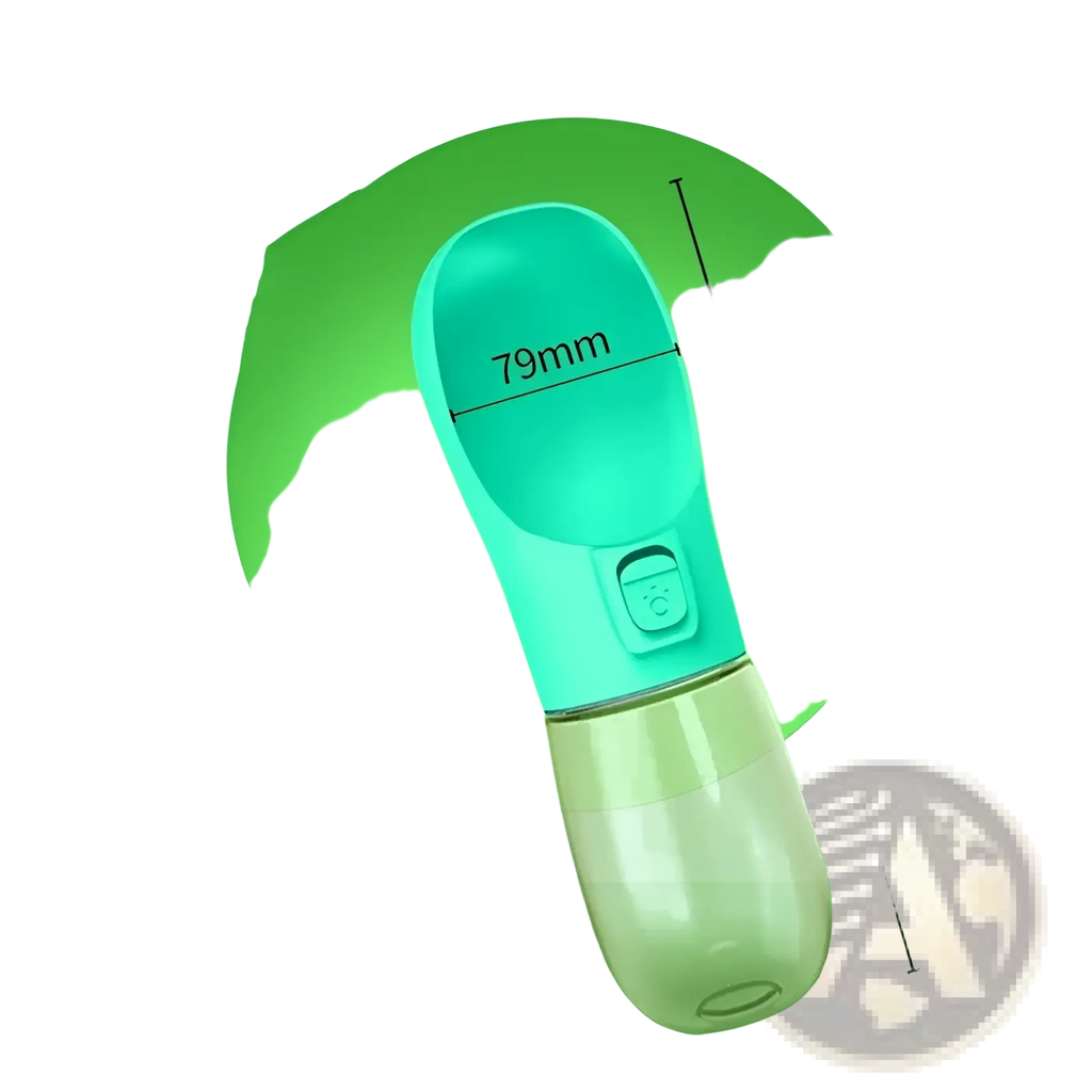 Teal and transparent plastic dog water bottle with 300ml capacity and easy drink spout for portable travel use