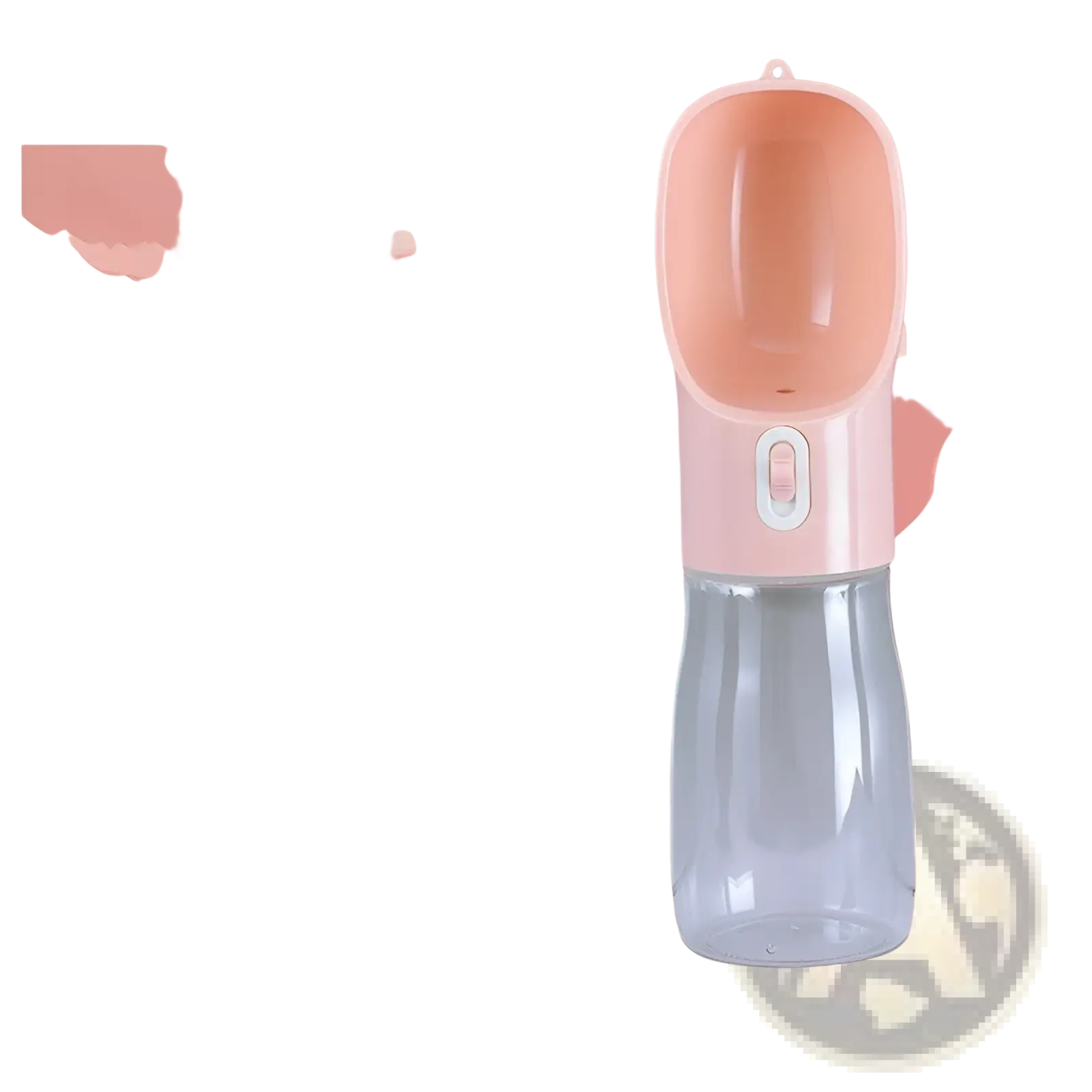 Dog water bottle portable travel feeder bowl 458ml in pink and translucent gray with sleek ergonomic design