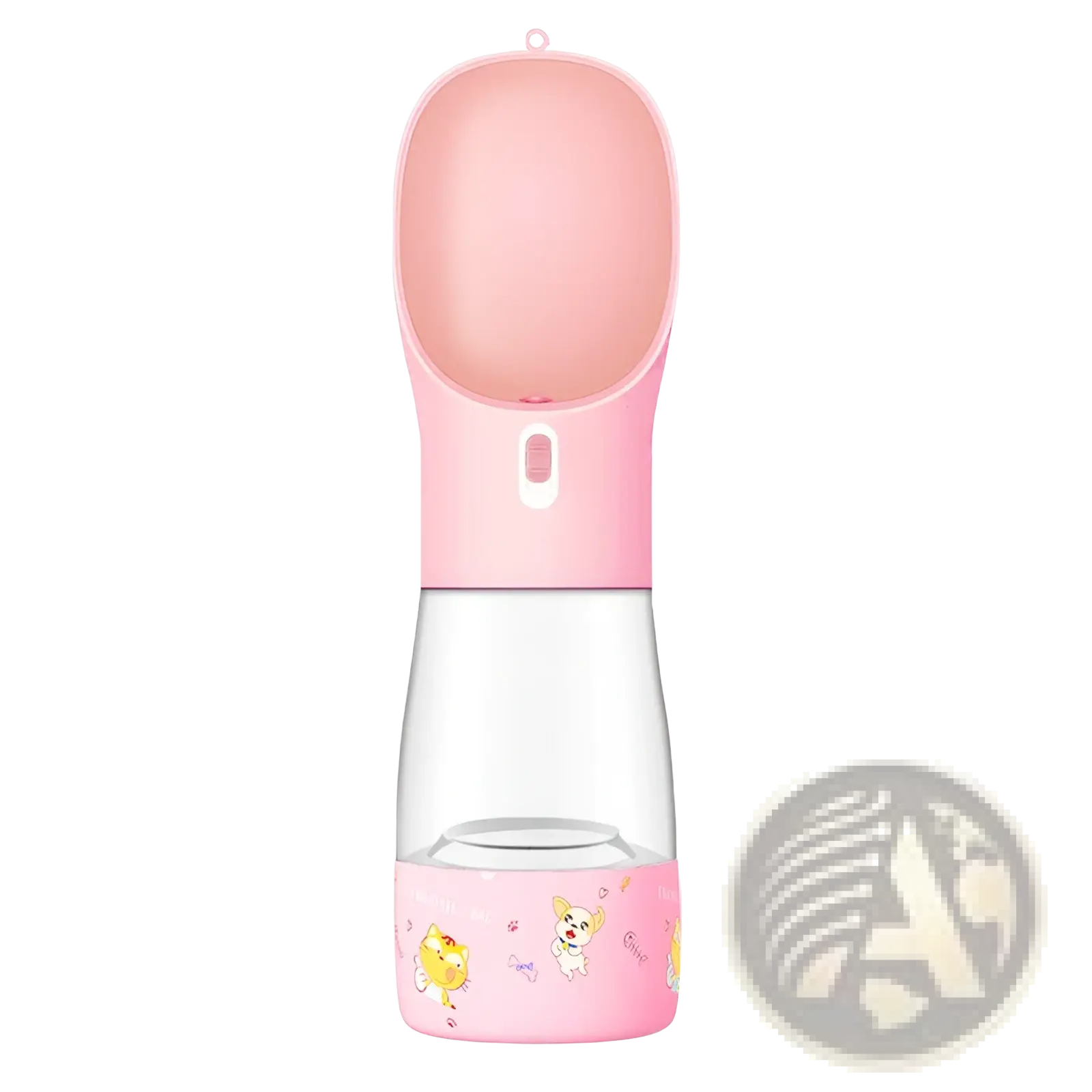 Dog water bottle portable travel feeder bowl 458ml in pink and clear with a cute cartoon animal design on the base