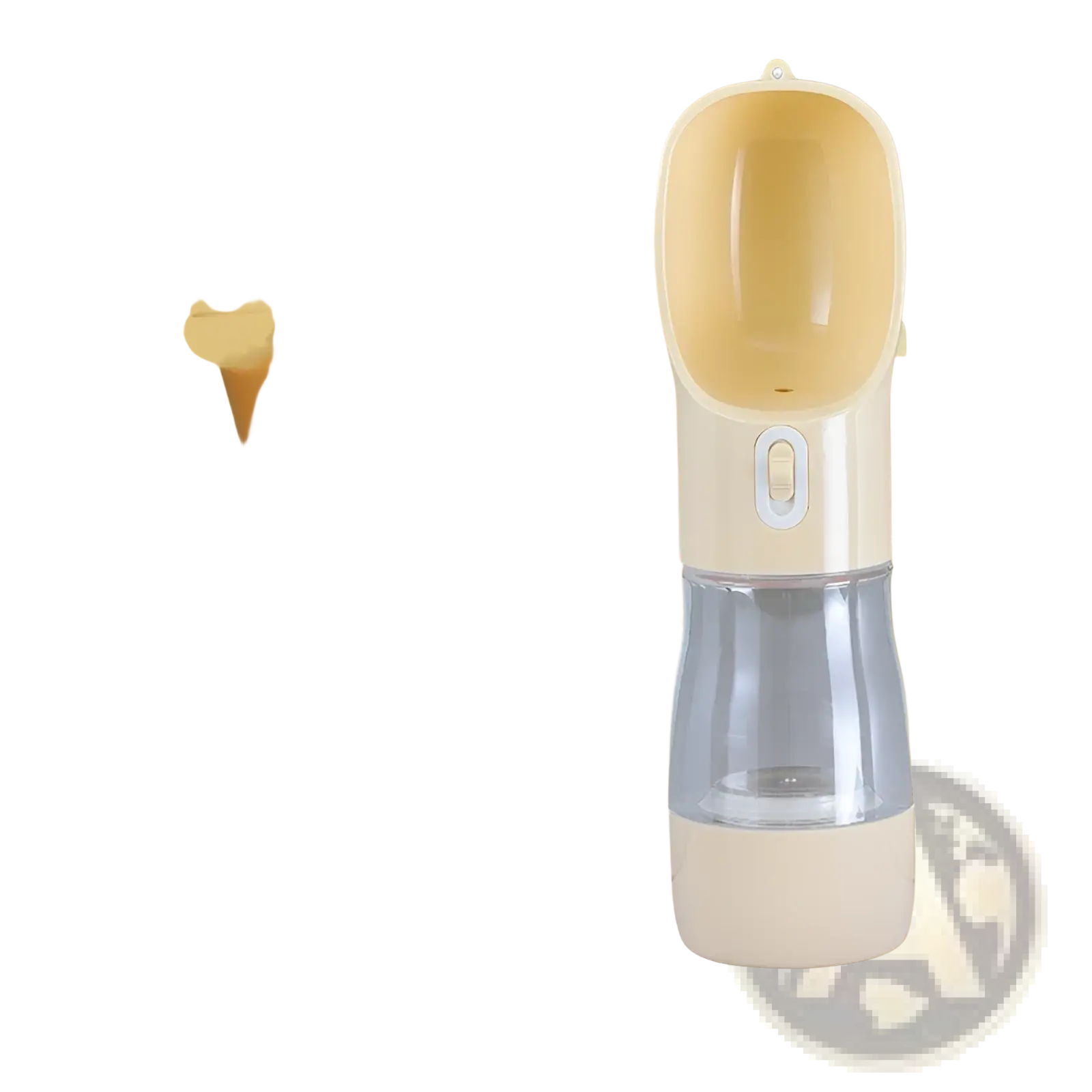 Beige and transparent plastic dog water bottle with spout for easy drinking portable travel feeder bowl 458ml