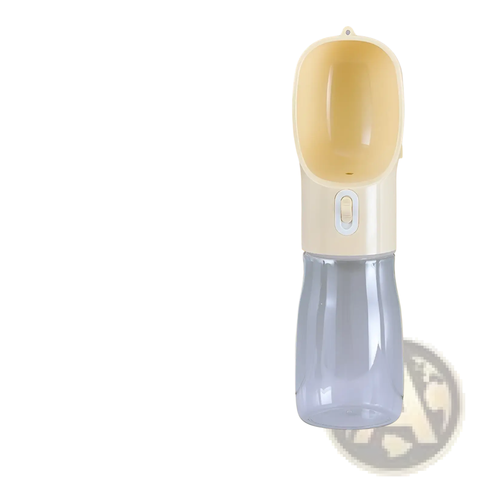 Beige and translucent blue dog water bottle with spout and handle designed for easy drinking on the go 458ml capacity