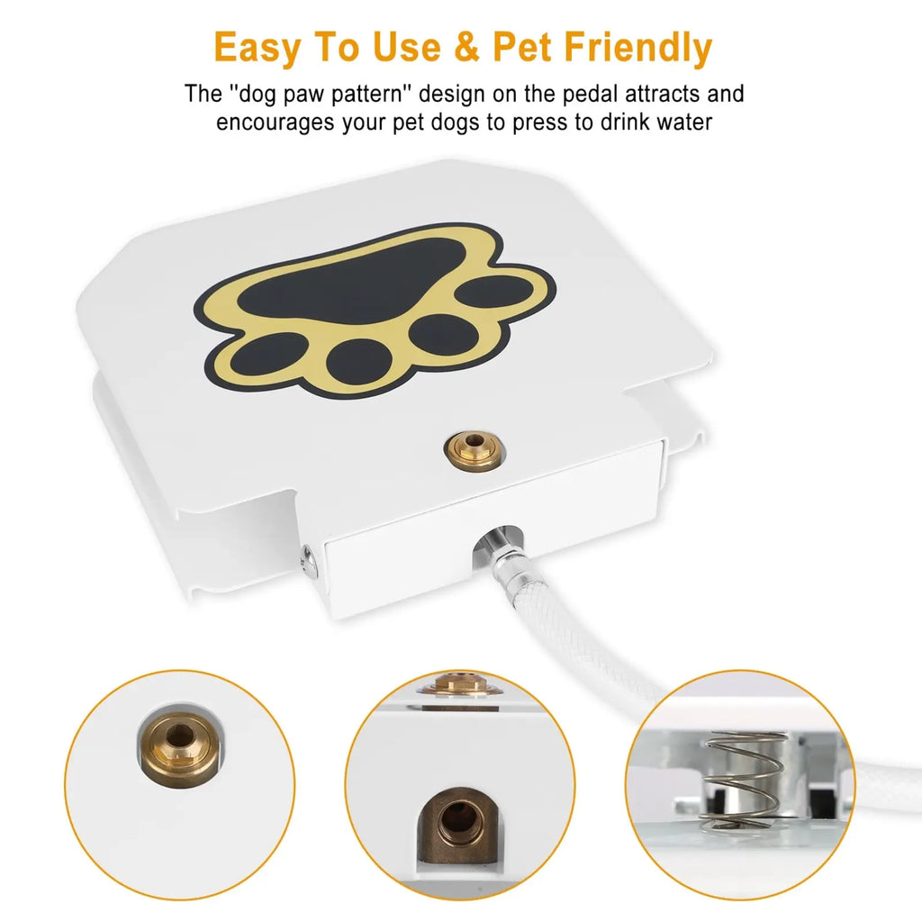 White pet water dispenser with gold and black dog paw print pedal for outdoor dog water fountain sprinkler valve