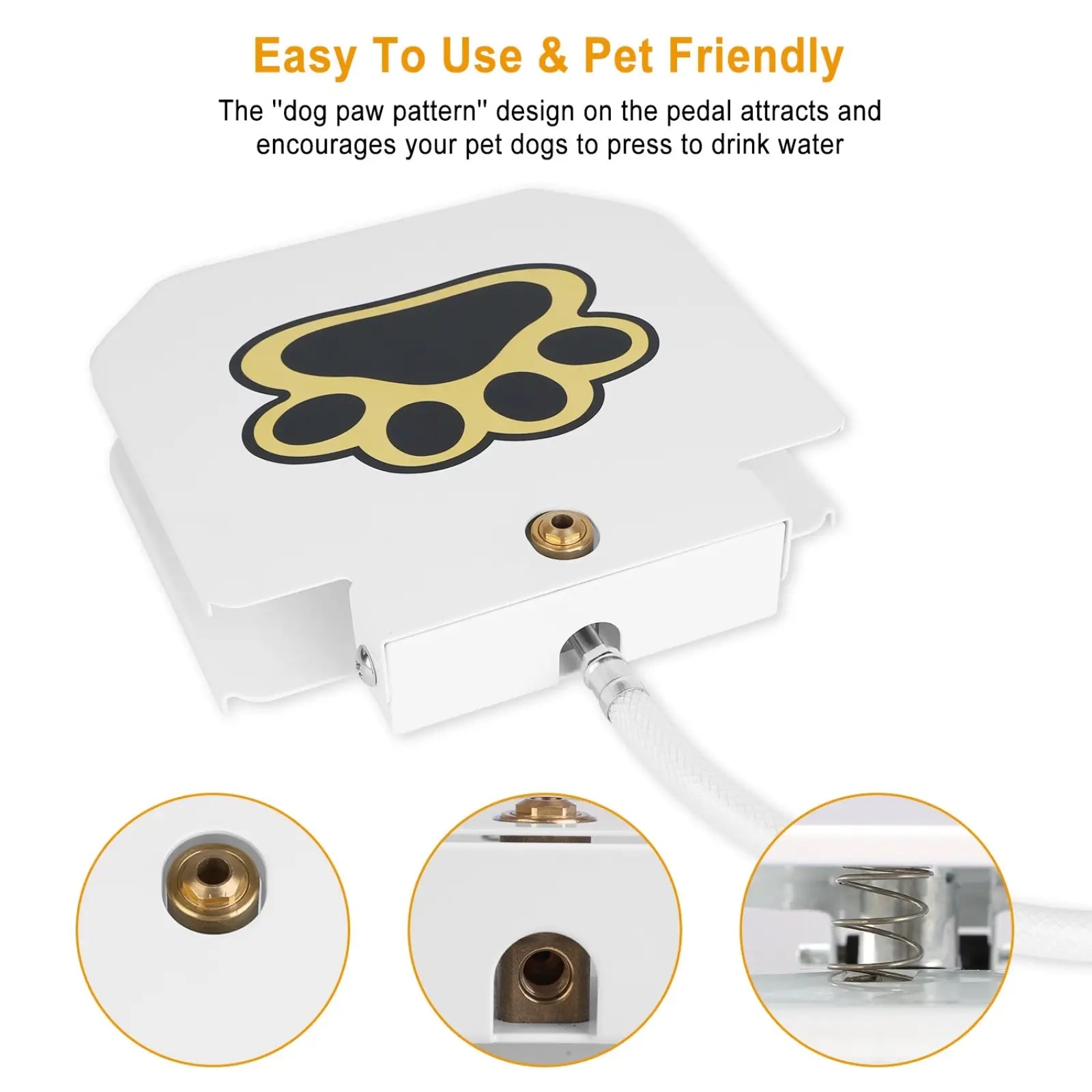White pet water dispenser with gold and black dog paw print pedal for outdoor dog water fountain sprinkler valve