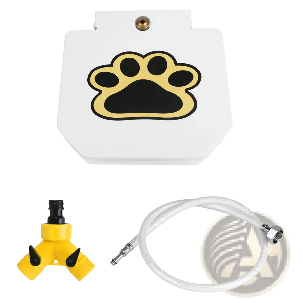 White plastic dog water fountain with black and gold paw print design step on outdoor pet sprinkler valve