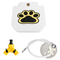 White plastic dog water fountain with black and gold paw print design step on outdoor pet sprinkler valve