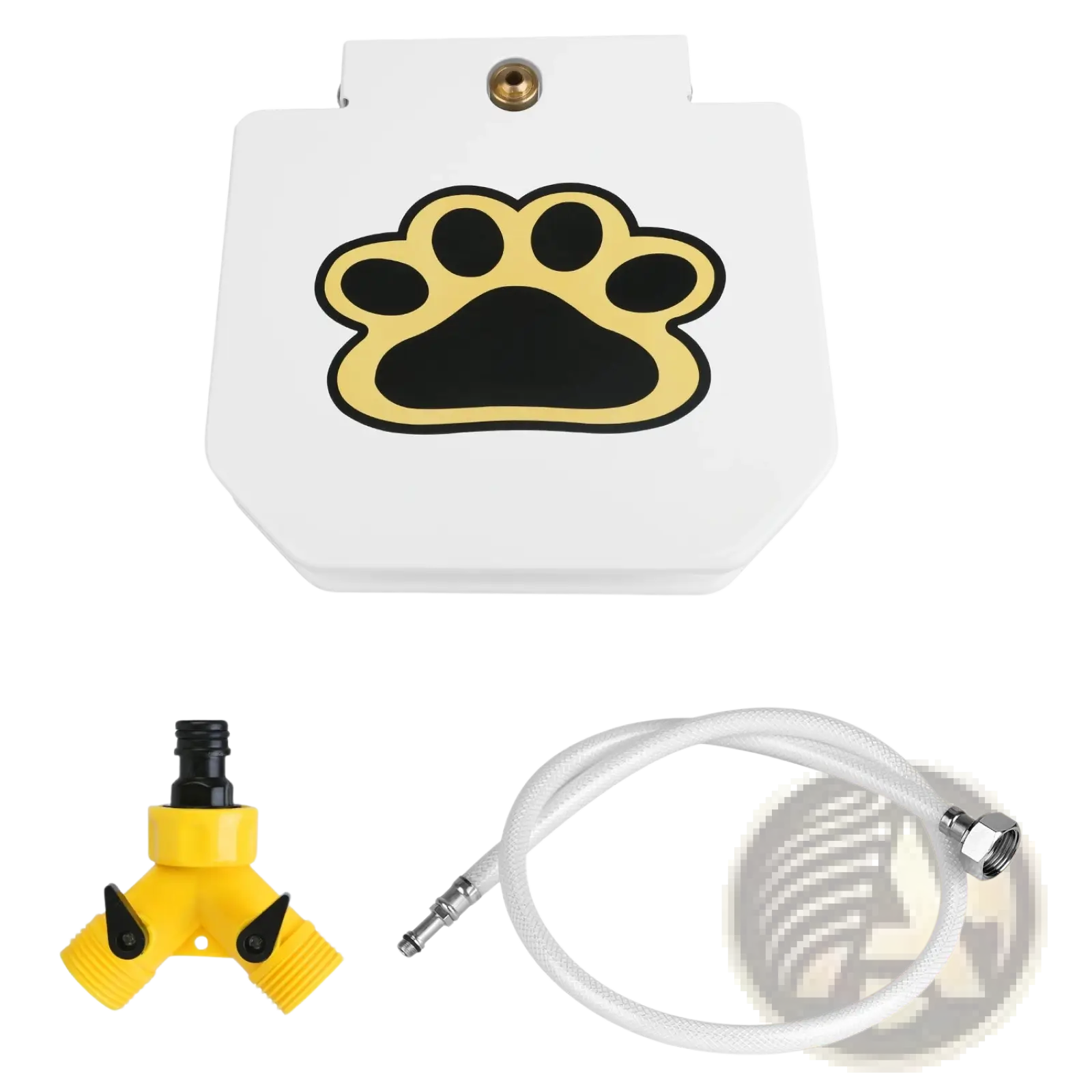 White plastic dog water fountain with black and gold paw print design step on outdoor pet sprinkler valve